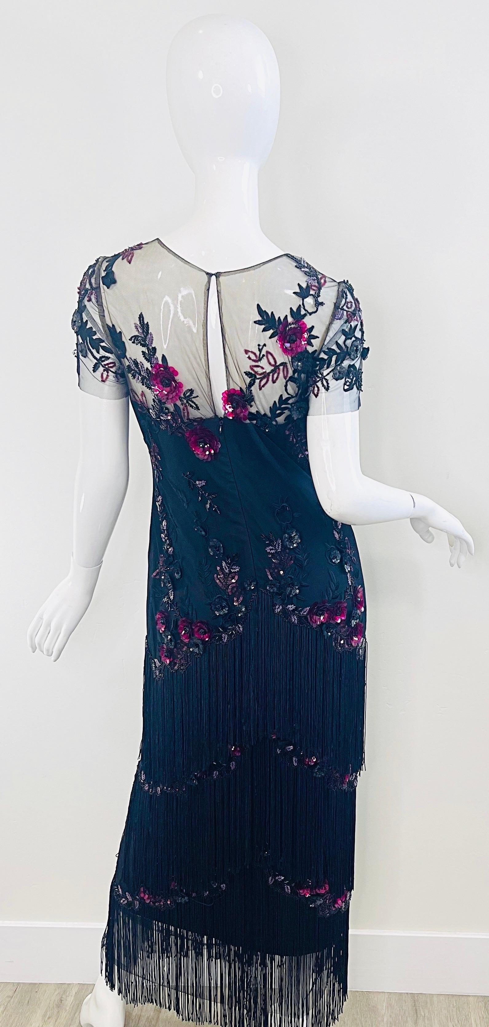Marchesa Notte Größe 6 / 8 Schwarz Himbeerrosa Gatsby Flapper Stil Fransen Kleid im Angebot 3