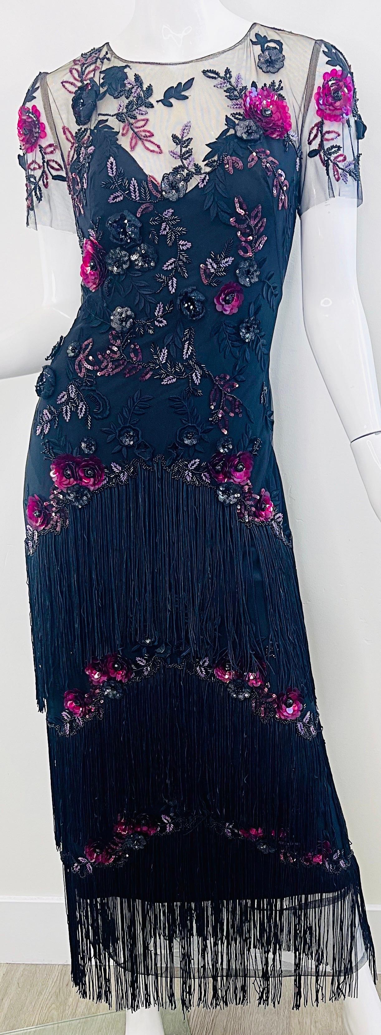 Marchesa Notte Größe 6 / 8 Schwarz Himbeerrosa Gatsby Flapper Stil Fransen Kleid im Angebot 4