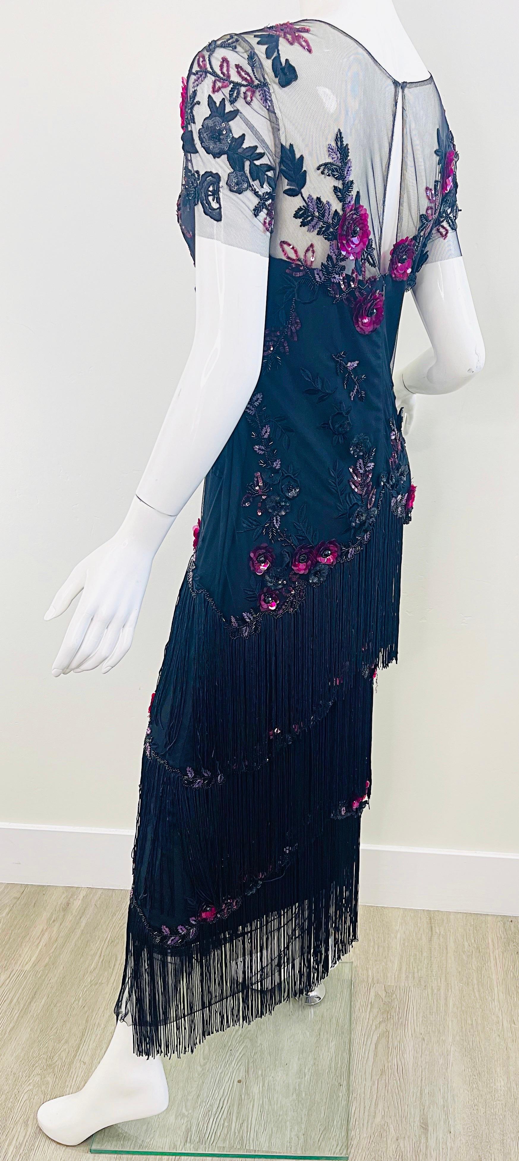 Marchesa Notte Größe 6 / 8 Schwarz Himbeerrosa Gatsby Flapper Stil Fransen Kleid im Angebot 5