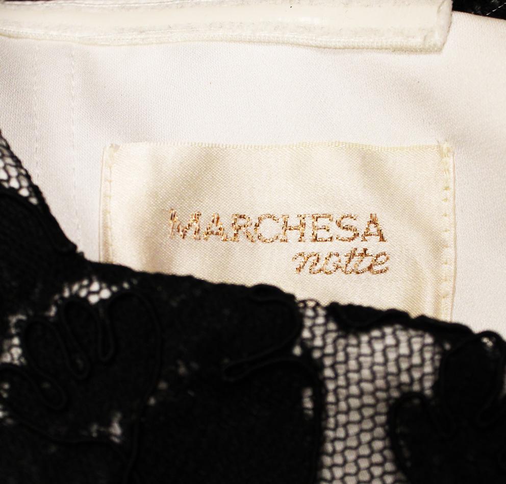 Women's Marchesa Notte Strapless Black Lace on White Decorated W/ Black Satin Flower For Sale