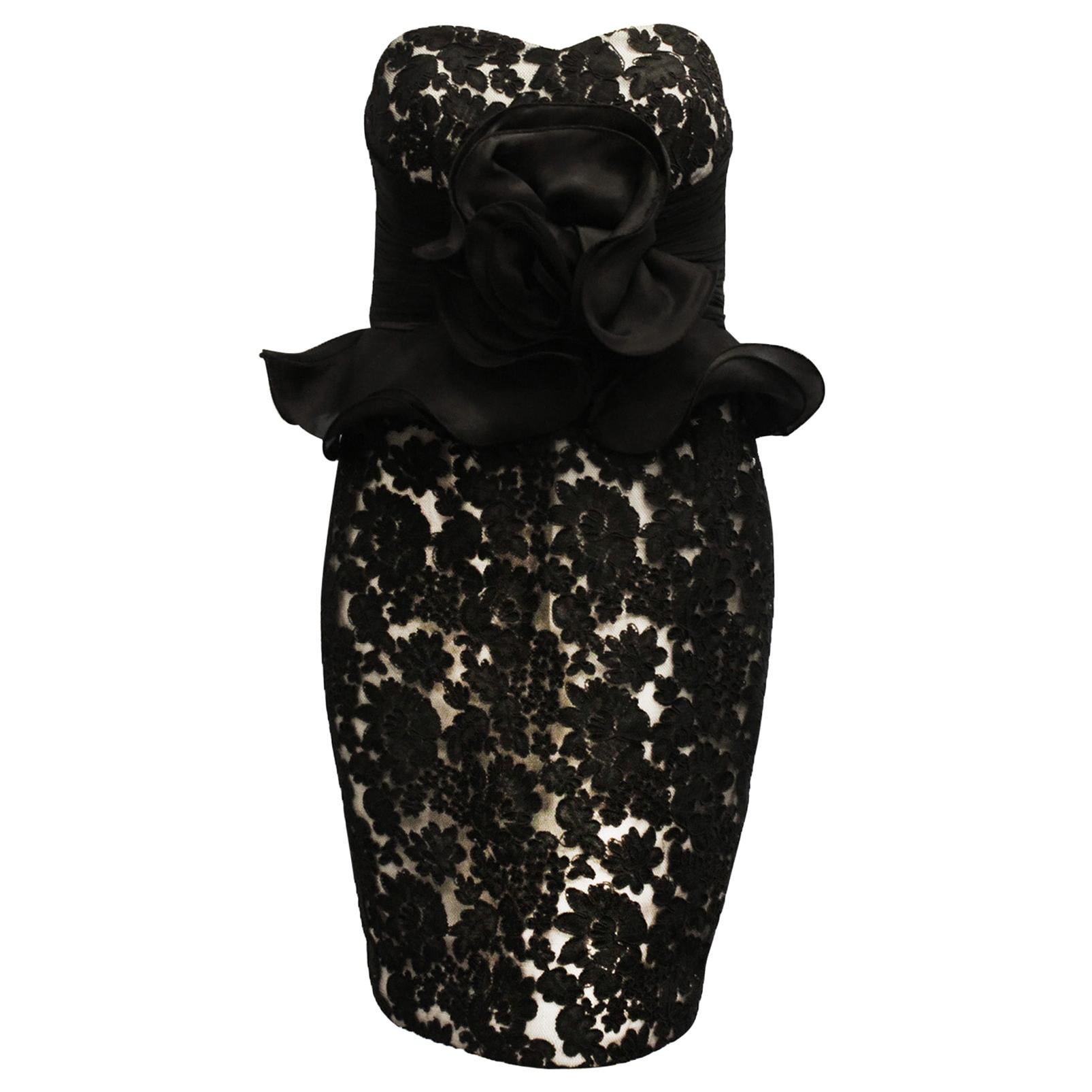 Marchesa Notte Strapless Black Lace on White Decorated W/ Black Satin Flower For Sale