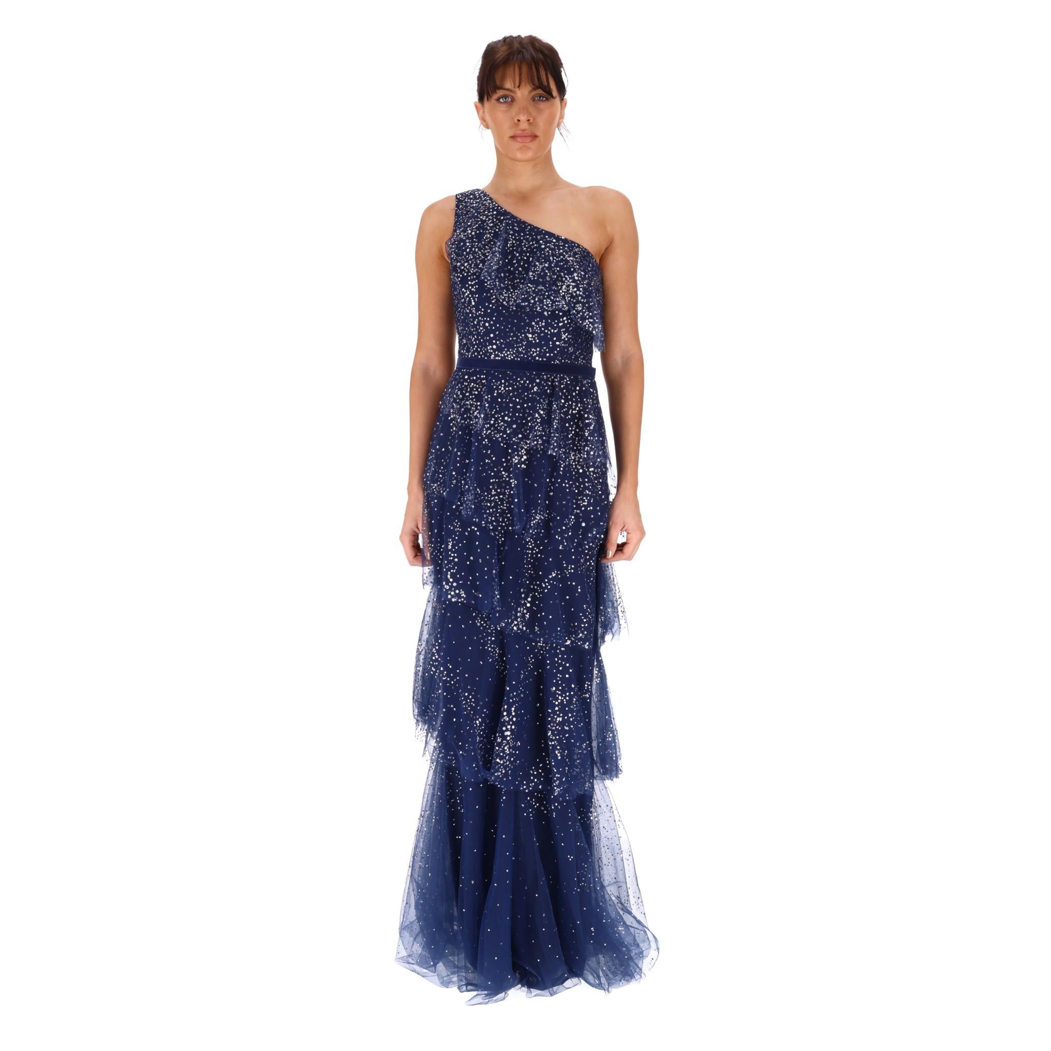 Brand New - Marchesa Notte Tiered Tulle Gown

Navy gown crafted from sparkling glitter tulle.

Fitted one-shoulder bodice, velvet waistband and a tiered tulle skirt.

Concealed zip fastening to rear. Rrp £1,120

Size – 2US

Condition – Brand New,