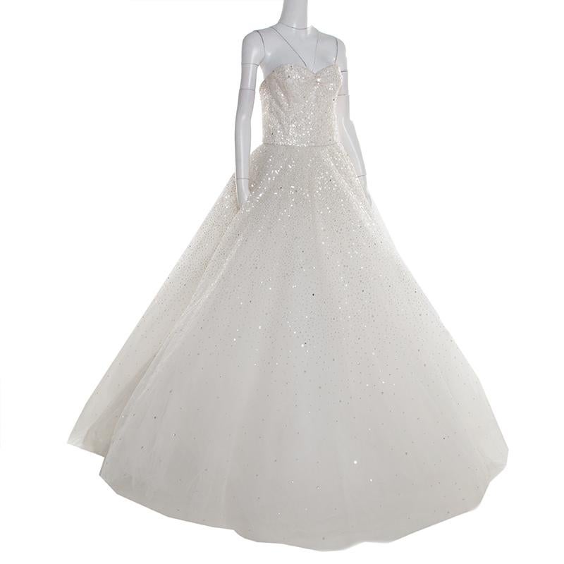 Marchesa Off White Sequined Tulle Strapless Wedding Gown L 1