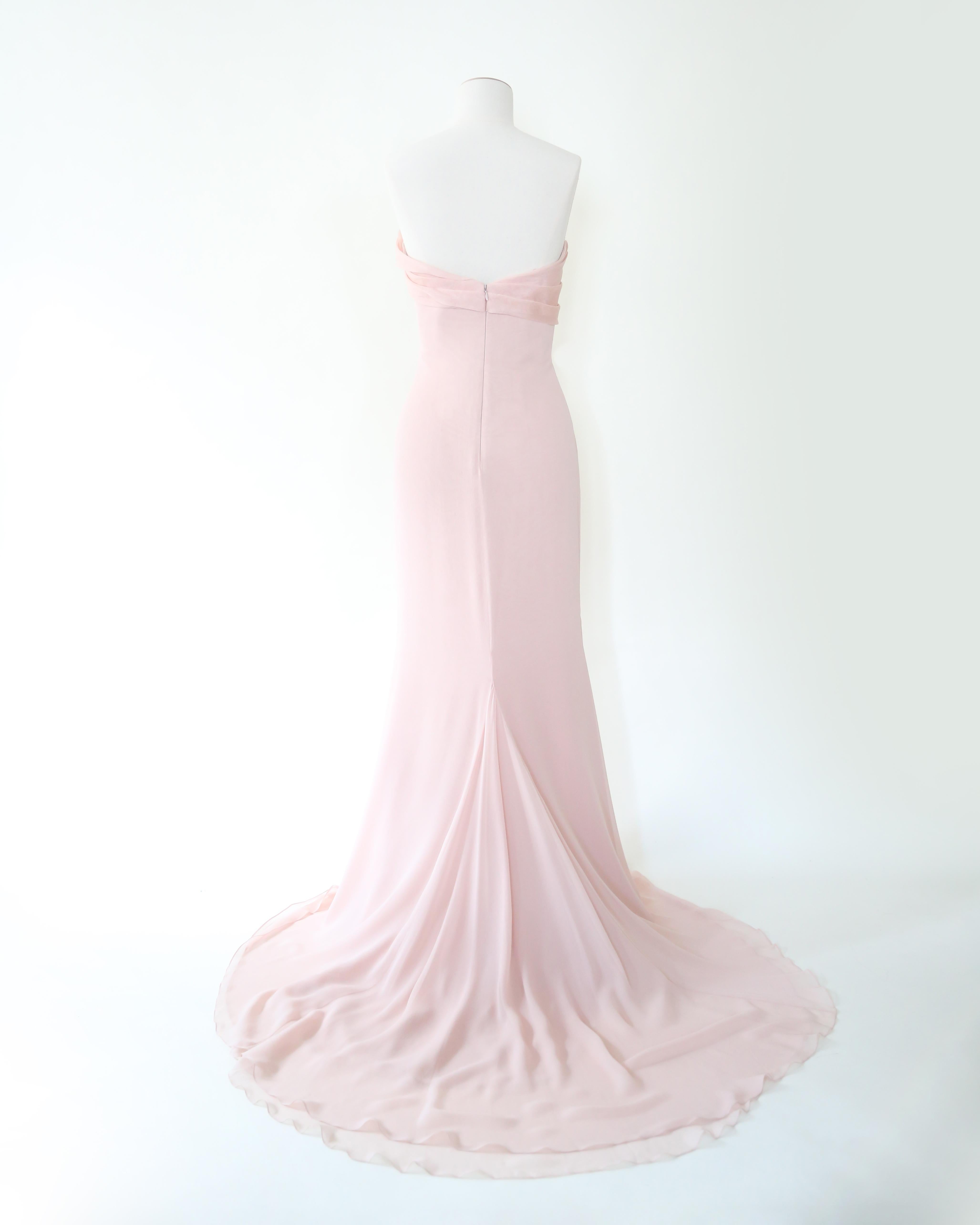 Marchesa pink strapless wedding bustier silk layered dress gown with train 10 For Sale 9