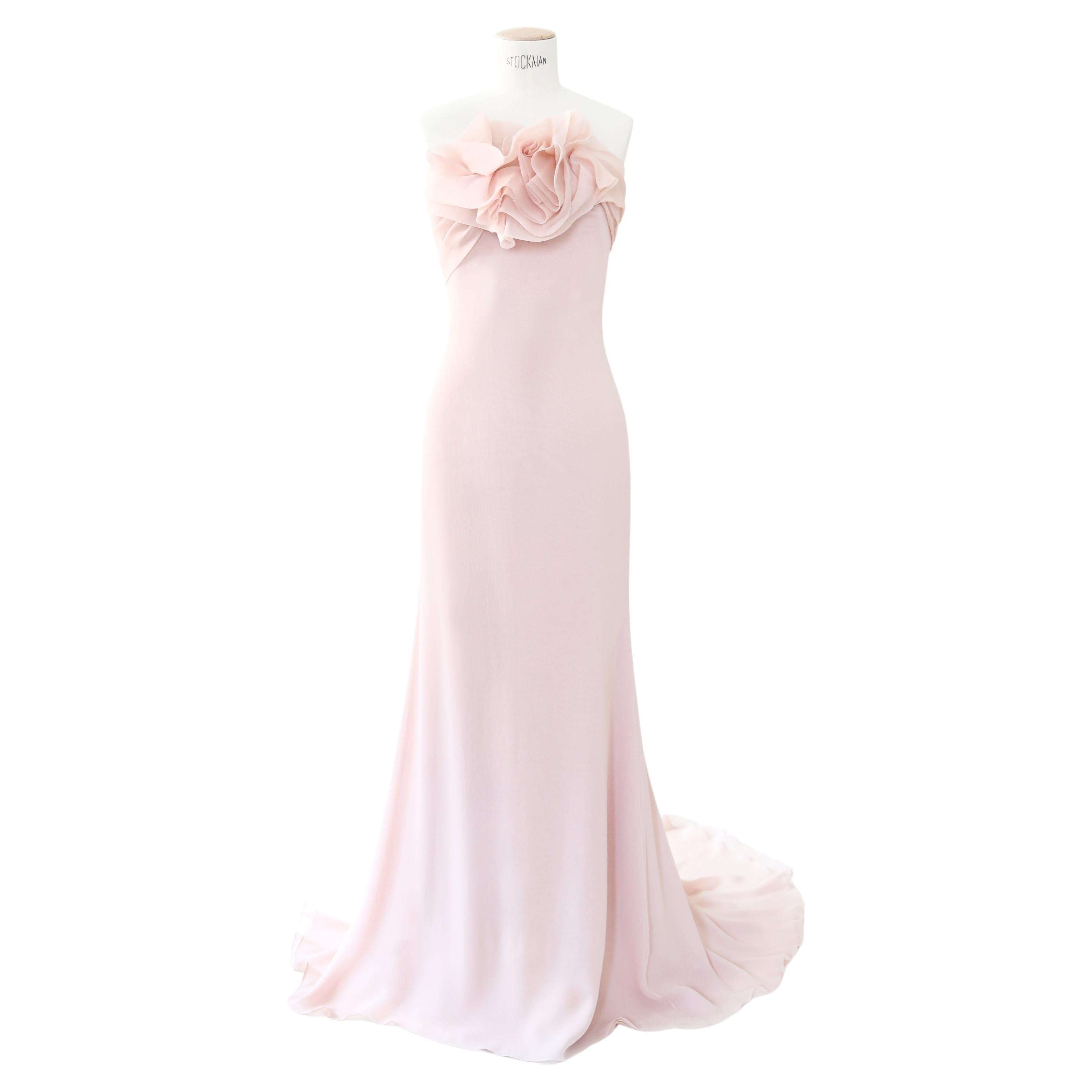 Marchesa pink strapless wedding bustier silk layered dress gown with train 10 For Sale