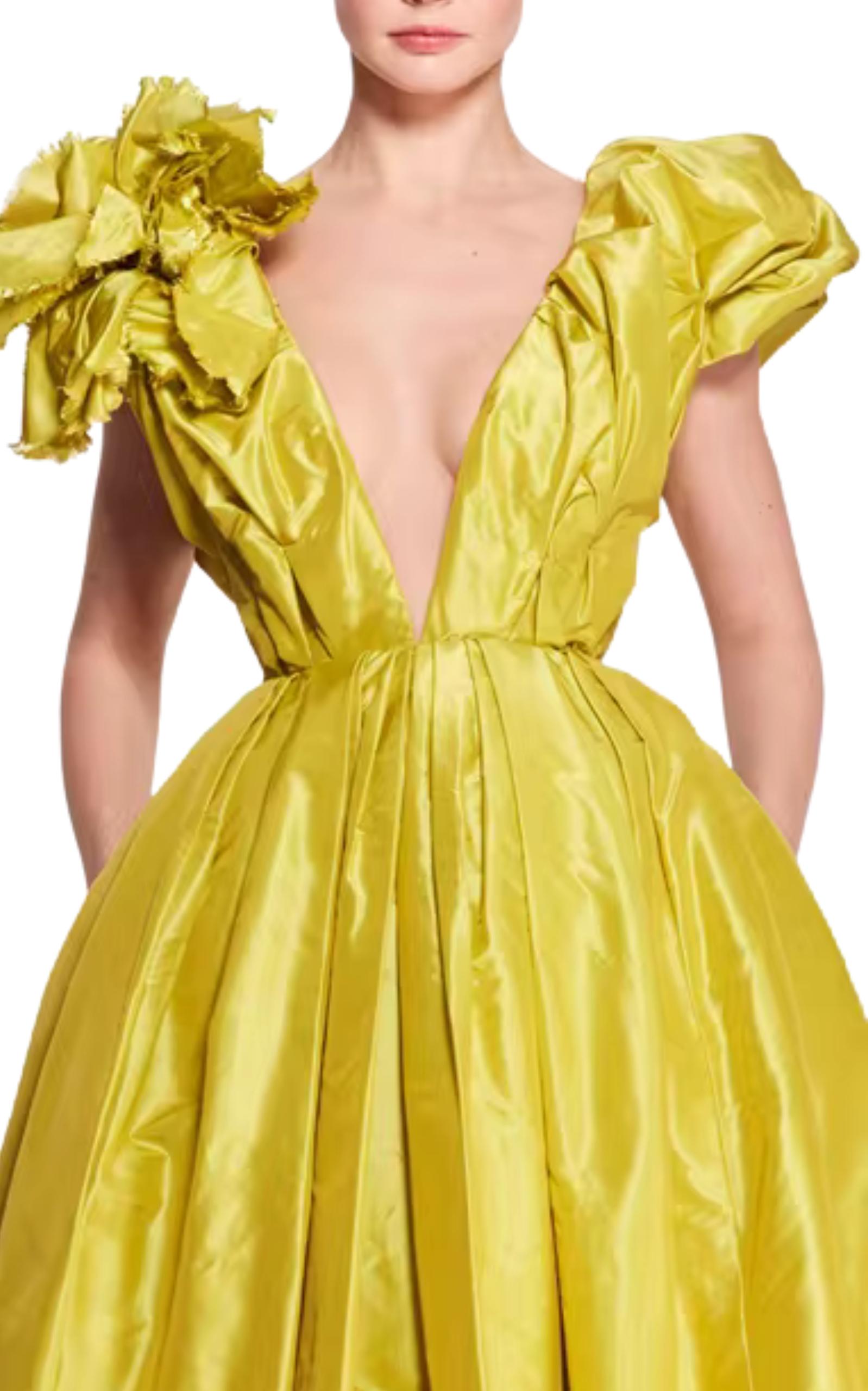MARCHESA Vestido de fiesta con mangas abullonadas y flores de gran caída US 10 Amarillo