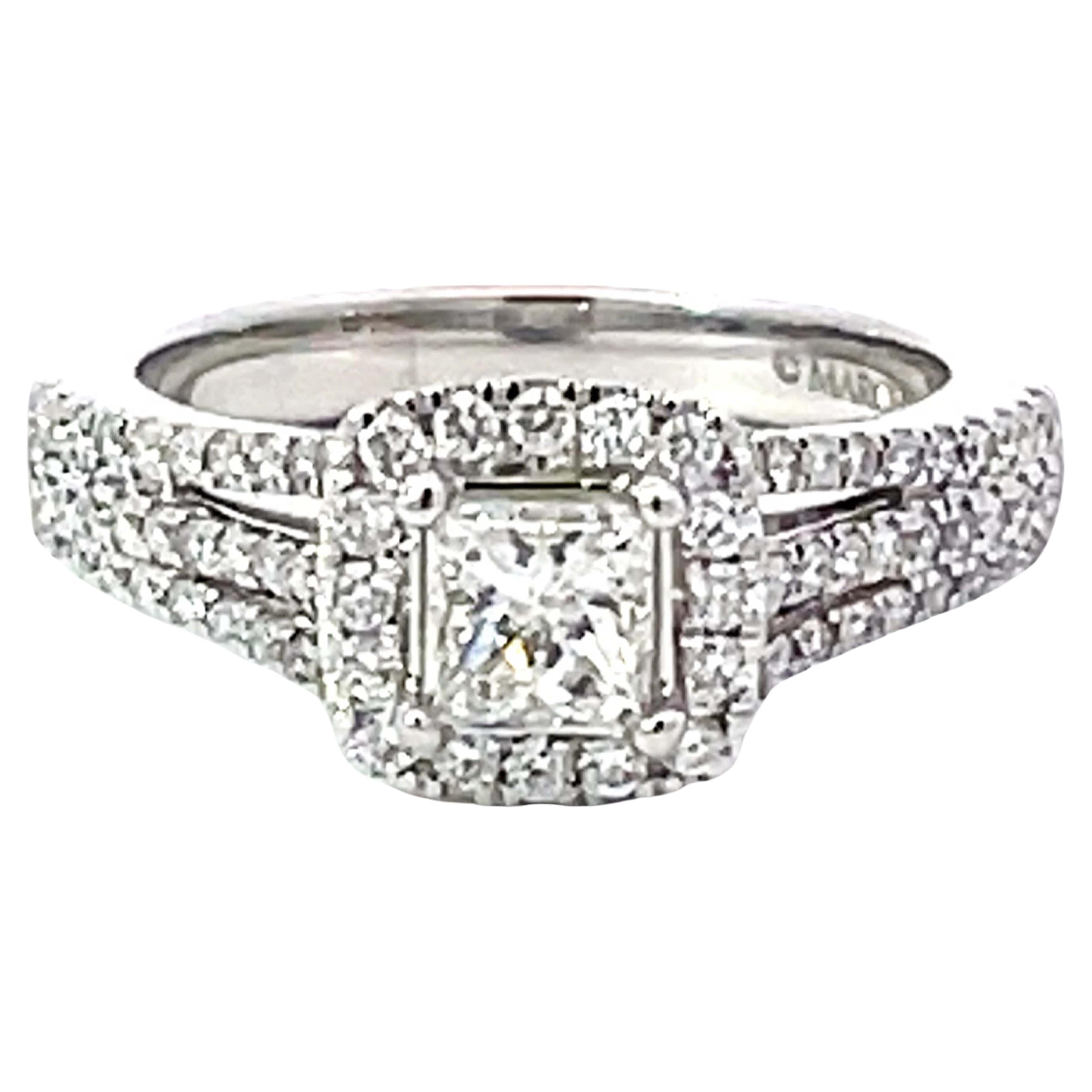 Marchesa Princess Cut Diamond Halo Engagement Ring 18K White Gold For Sale