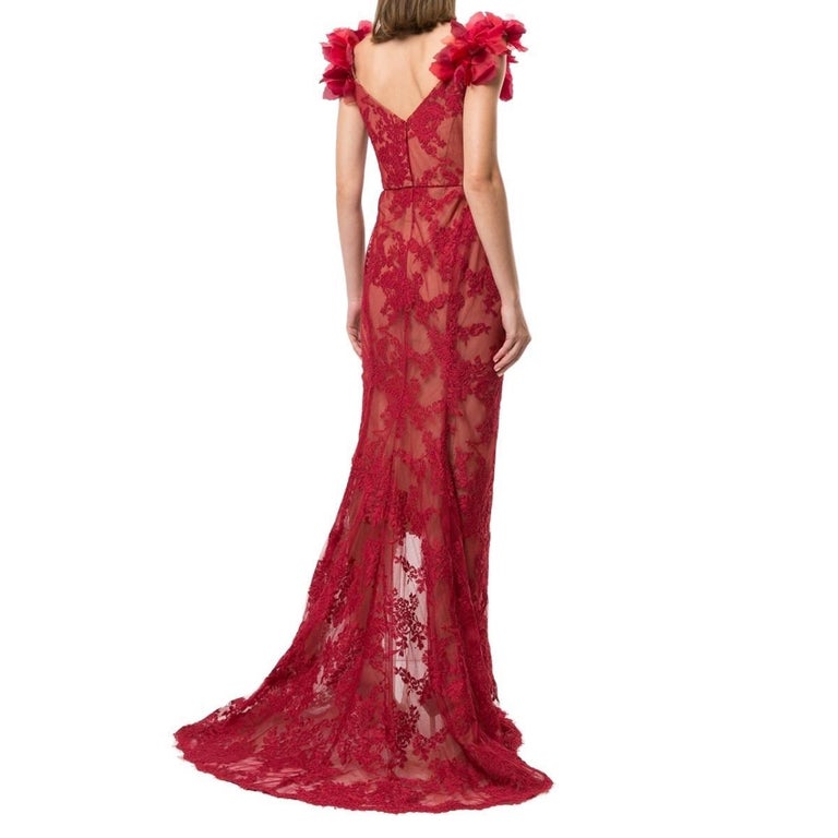MARCHESA Red Floral Lace Off-The-Shoulder Gown US 2 For Sale at 1stDibs