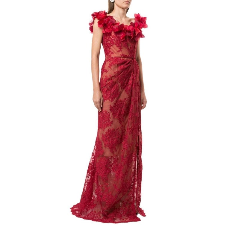 MARCHESA Red Floral Lace Off-The-Shoulder Gown US 2 For Sale at 1stDibs