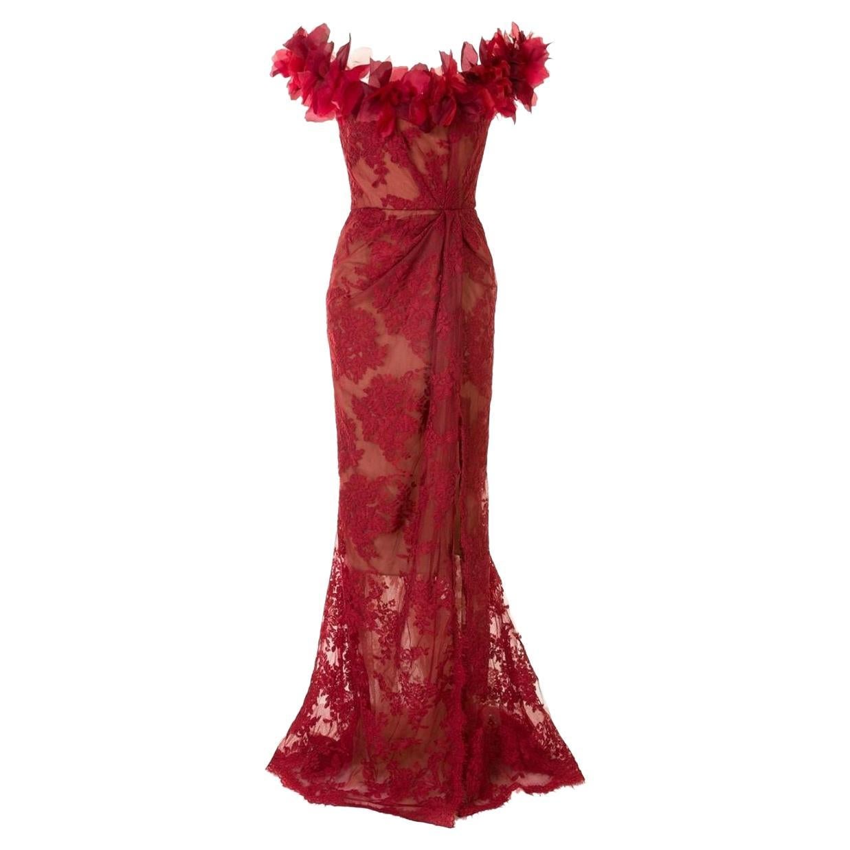 MARCHESA Vestido rojo de encaje floral sin hombros US 2 en venta