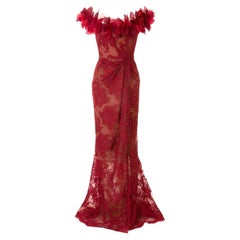 MARCHESA Red Floral Lace Off-The-Shoulder Gown US 2