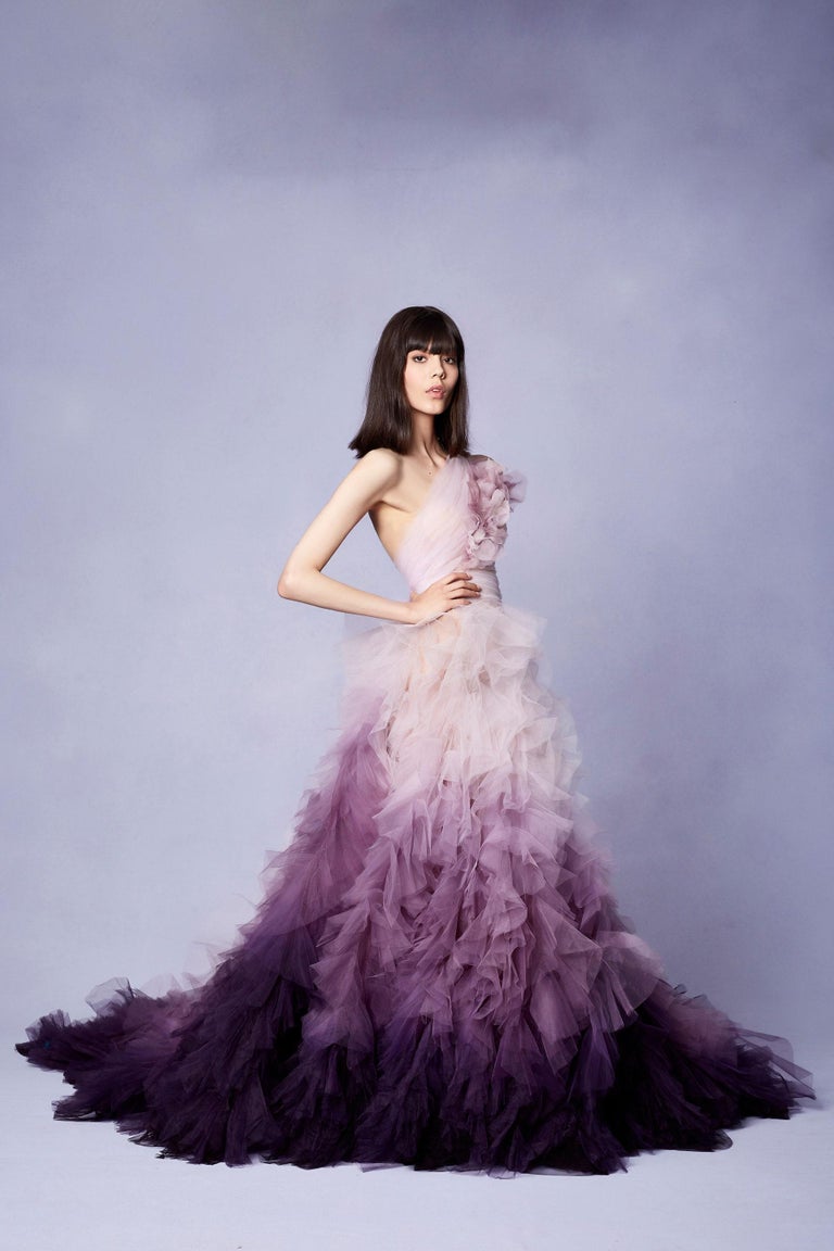 marchesa purple dress MARCHESA Resort 2018 L# 35 LILAC TULLE ONE-SHOULDER FLORAL EVENING Dress EU  40 at 1stDibs