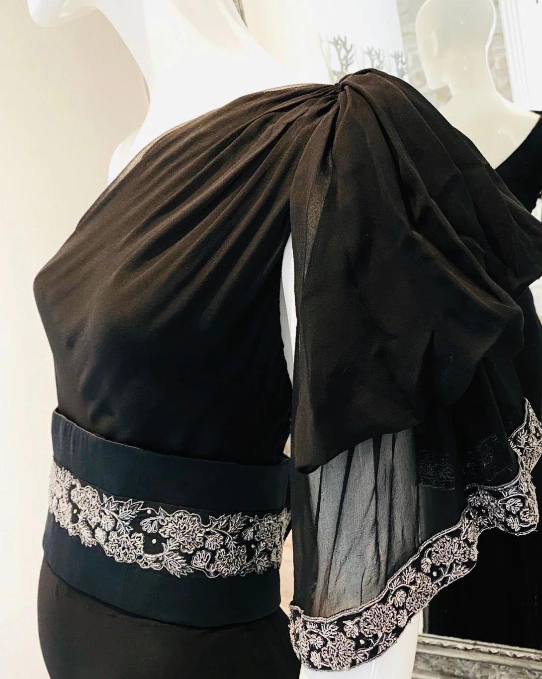 Black Marchesa Silk & Crystal Gown For Sale