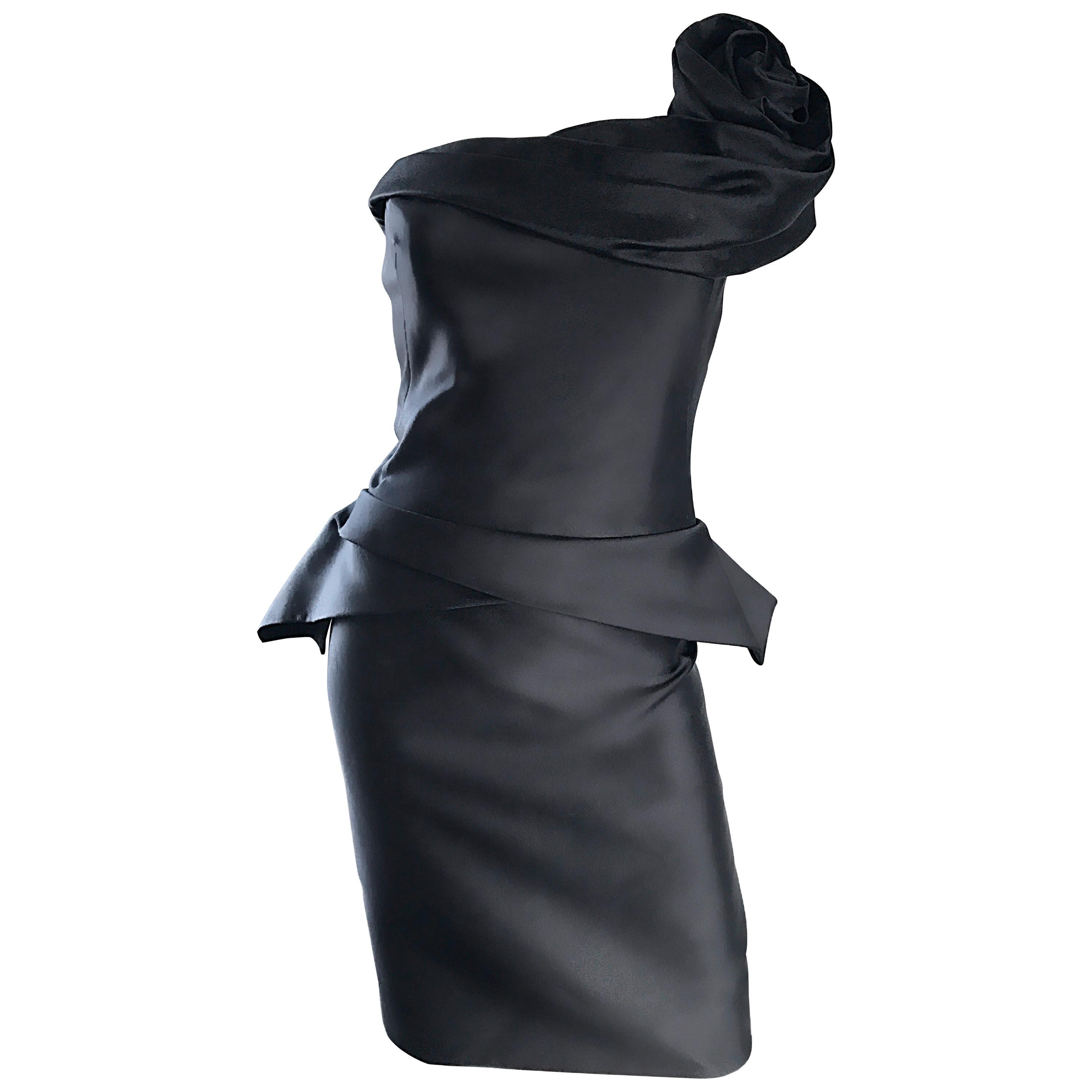 Marchesa Size 10 New Black Silk One Shoulder Rosette Avant Garde Cocktail Dress 