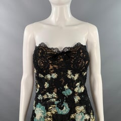 MARCHESA Size 4 Black Sage Gold Abstract Floral Jacquard Strapless Long Evening Gown
