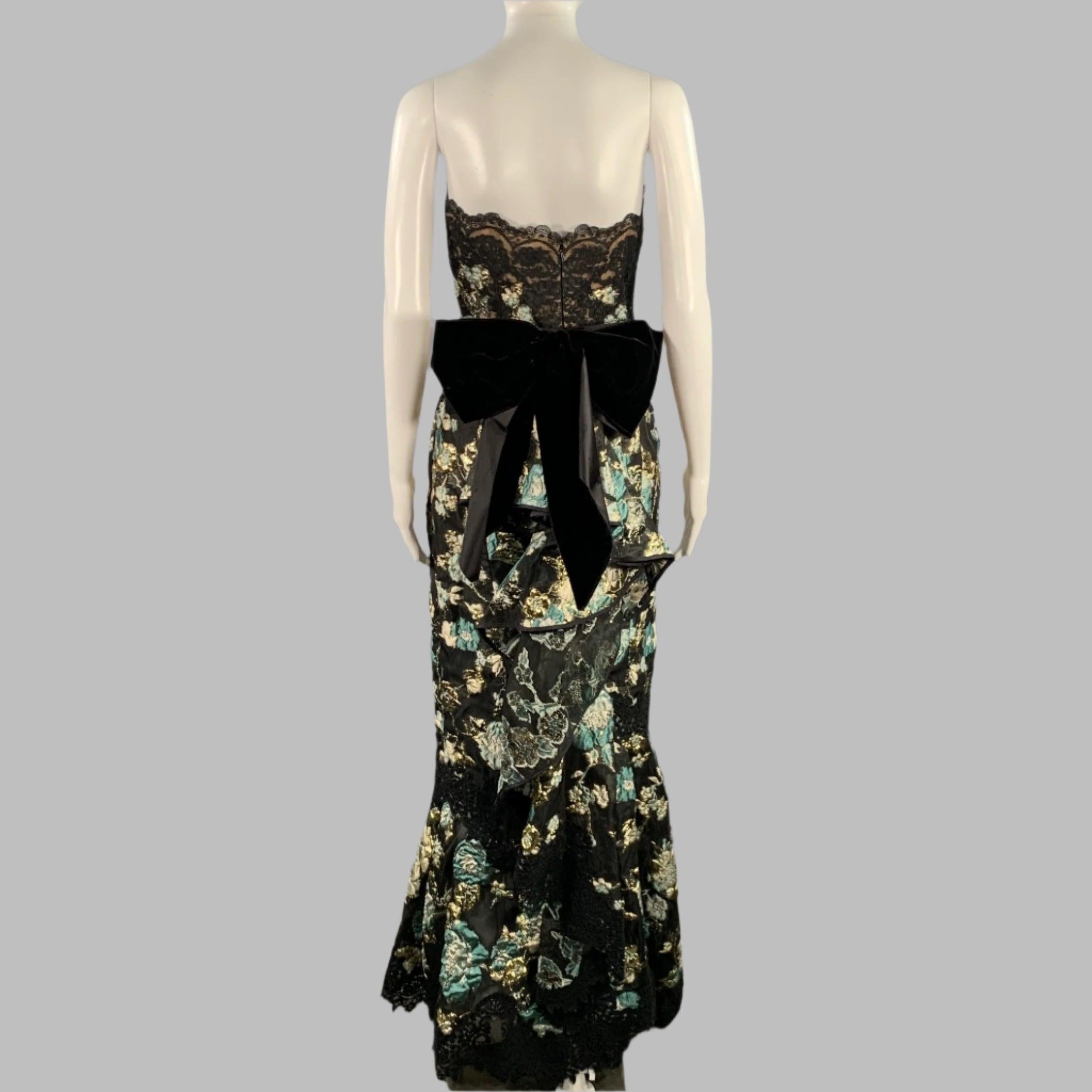 MARCHESA Größe 4 Schwarz Sage Gold Abstrakt Floral Jacquard Trägerlos Langes Abendkleid Damen im Angebot