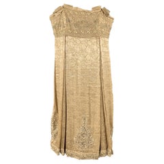 MARCHESA Talla 6 Vestido de cóctel sin tirantes de cuentas de seda floral beige metalizado