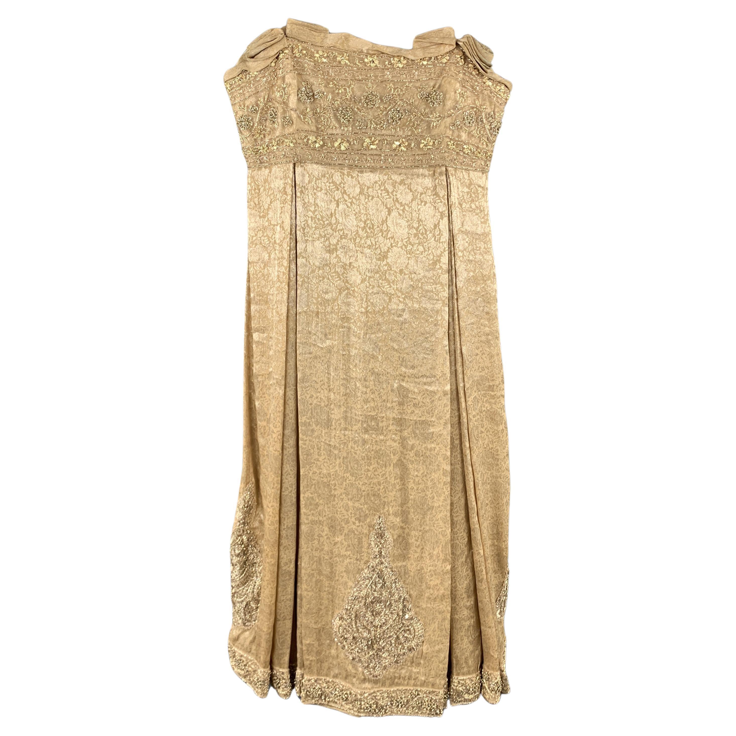 MARCHESA Size 6 Beige Metallic Floral Silk Beaded Strapless Cocktail Dress For Sale
