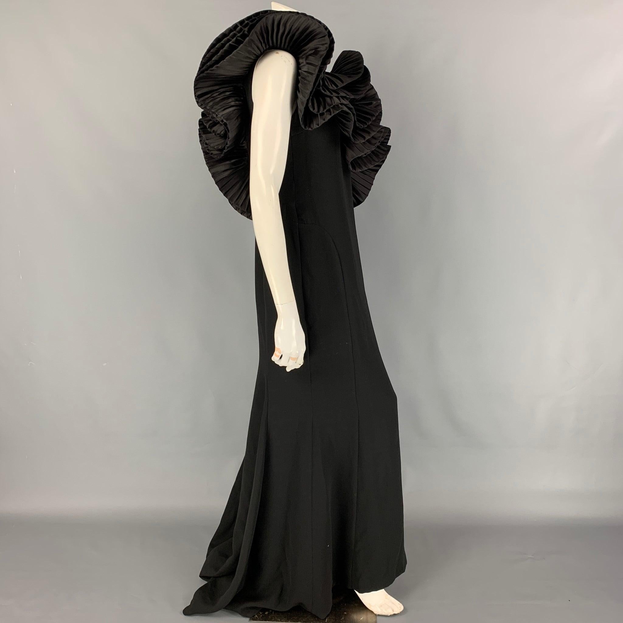 MARCHESA Size M Black Wool Ruffled One Shoulder Gown Dress In Good Condition In San Francisco, CA