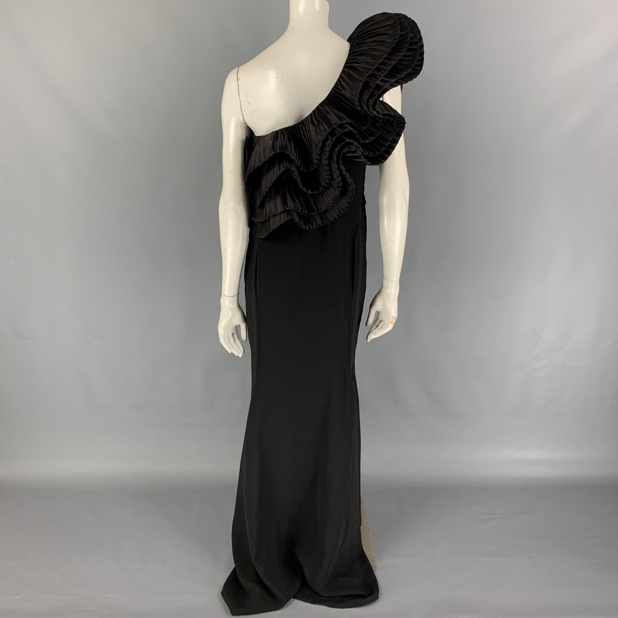 Women's MARCHESA Size M Black Wool Ruffled One Shoulder Gown Dress For Sale