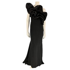 MARCHESA Size M Black Wool Ruffled One Shoulder Gown Dress