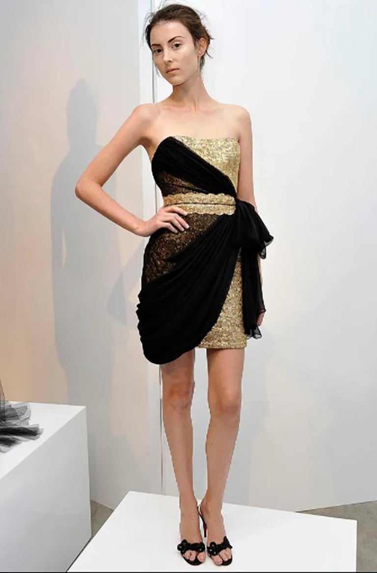 MARCHESA Spring/2009 L#3 GOLD SILK DRAPED DRESS with BLACK GHIFFON OVERLAY  EU 38