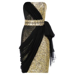 MARCHESA Frühjahr/2009 L#3 GOLD SEIDEN-DRAPED-KLEID mit SCHWARzem GHIFFON-OVERLAY EU 38
