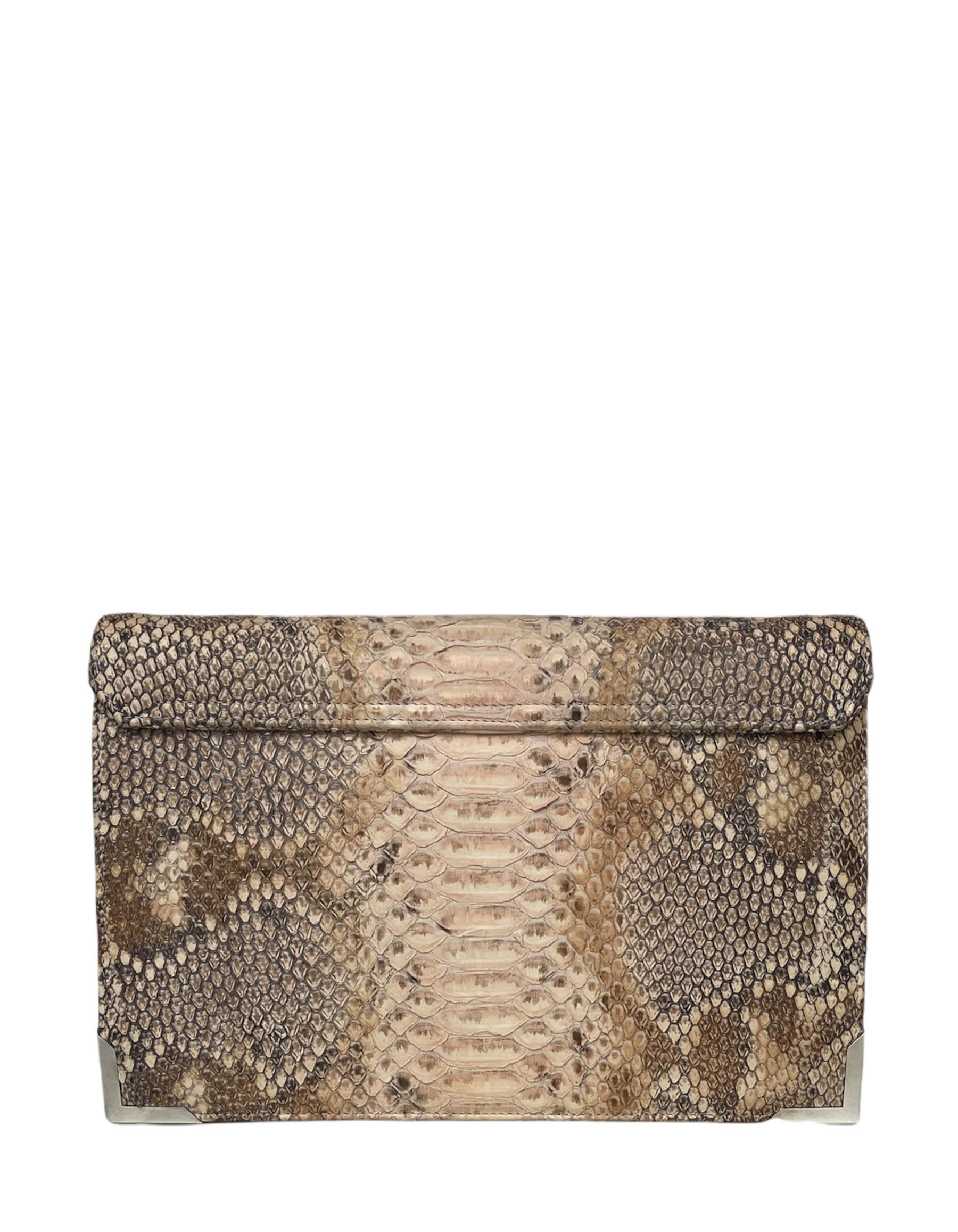 Marchesa Valentina Large Python Envelope Clutch Bag w/ Crystals

Color: Beige
Hardware: Silvertone
Materials: Python, metal, crystals
Lining: Grey textile
Closure/Opening: Flap top with magnet
Exterior Pockets: None
Interior Pockets: One slit