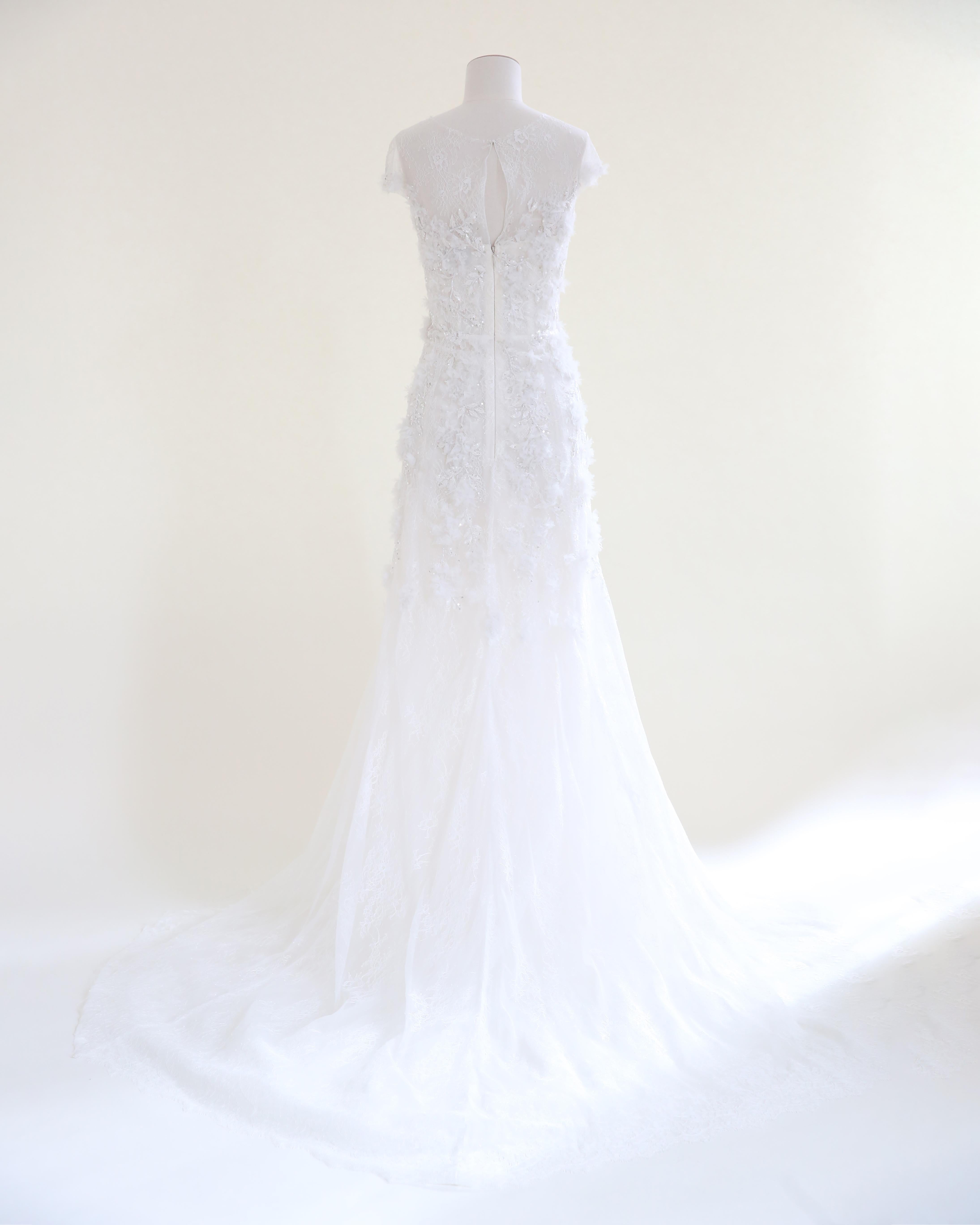Marchesa vintage white sheer corset tulle floral beaded wedding train dress gown For Sale 5