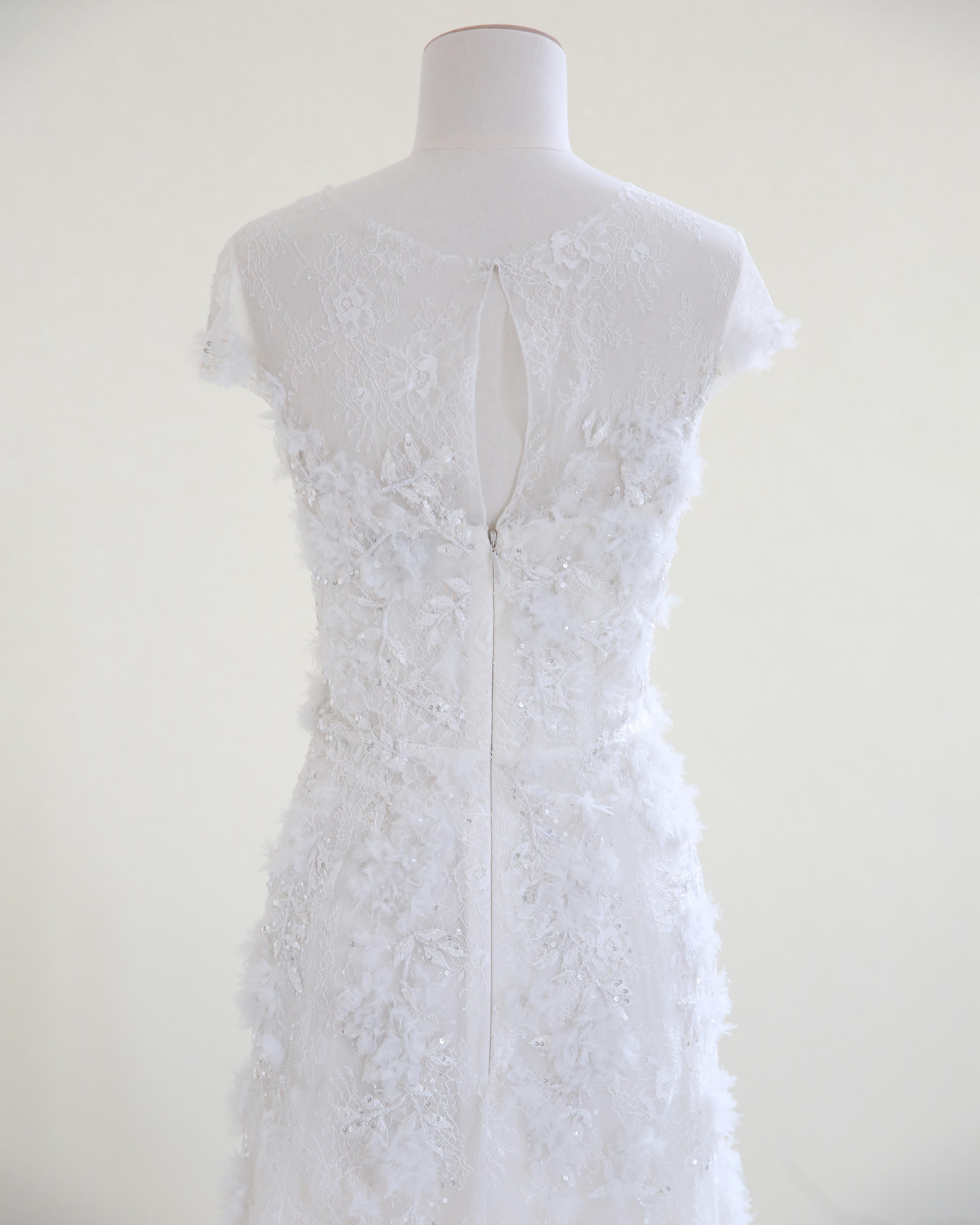 Marchesa vintage white sheer corset tulle floral beaded wedding train dress gown For Sale 6