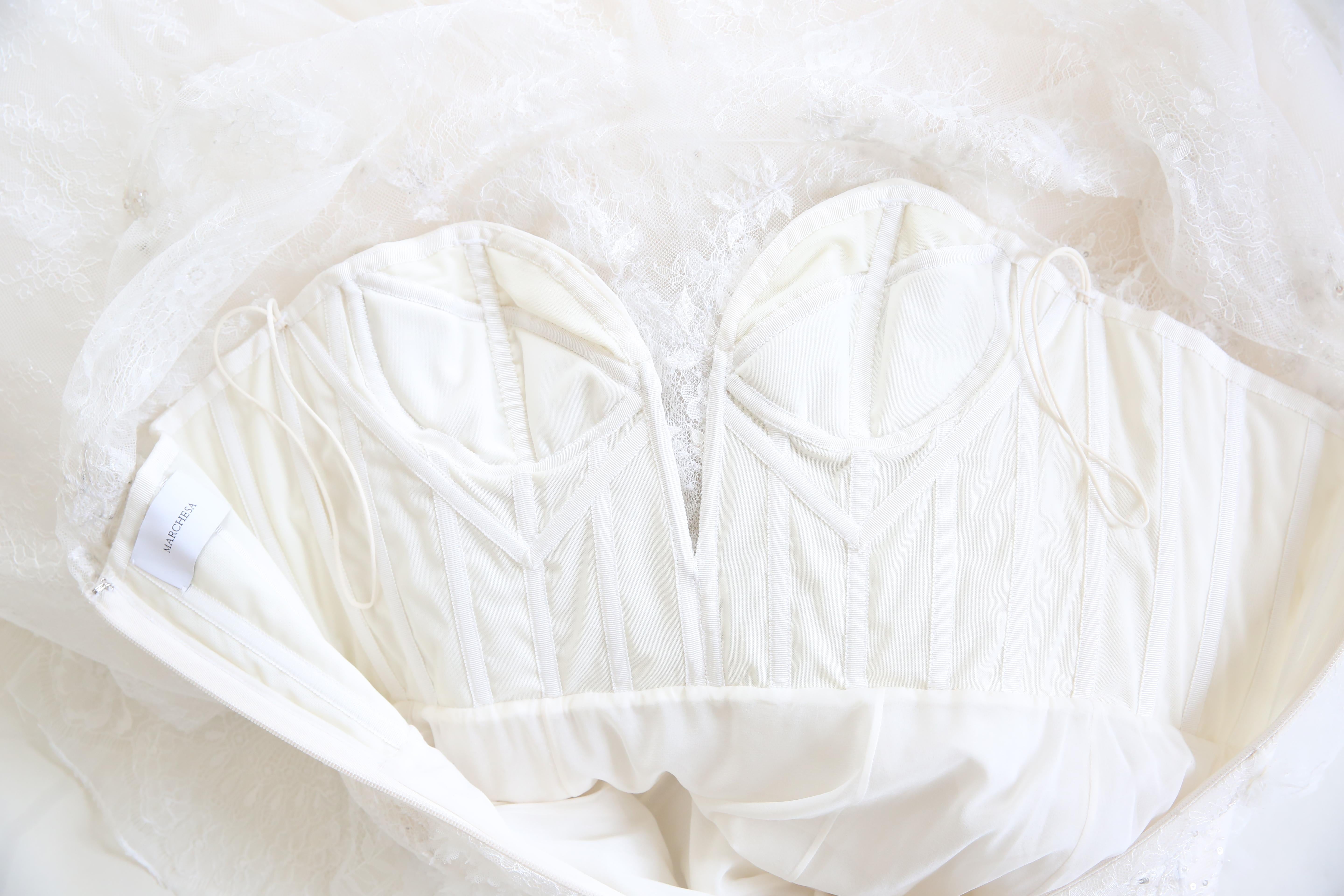 Marchesa vintage white sheer corset tulle floral beaded wedding train dress gown For Sale 7