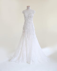 Marchesa vintage white sheer corset tulle floral beaded wedding train dress gown