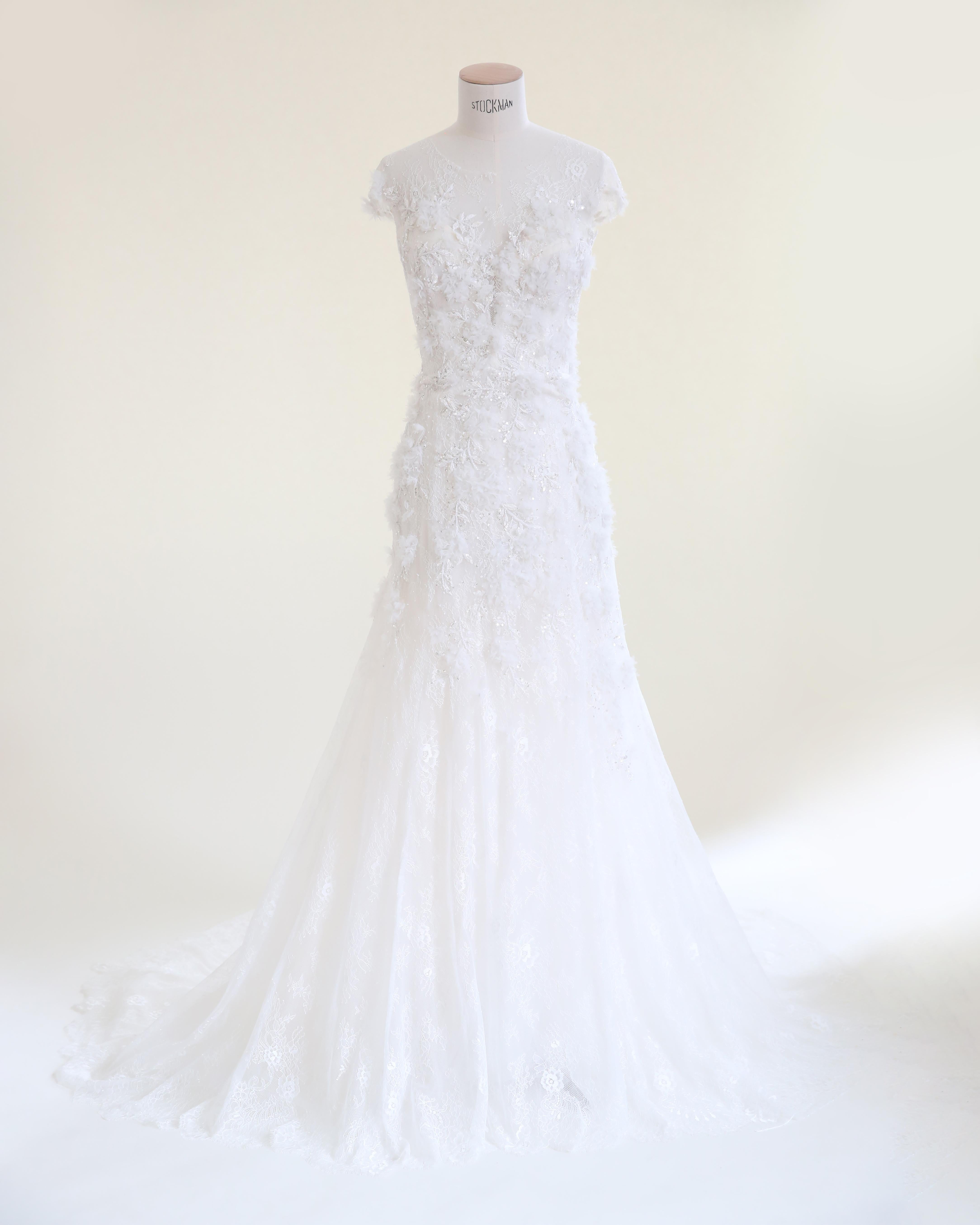 Gray Marchesa vintage white sheer corset tulle floral beaded wedding train dress gown For Sale