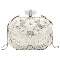 Marchesa White Iris Embellished Leather Box Clutch Bag