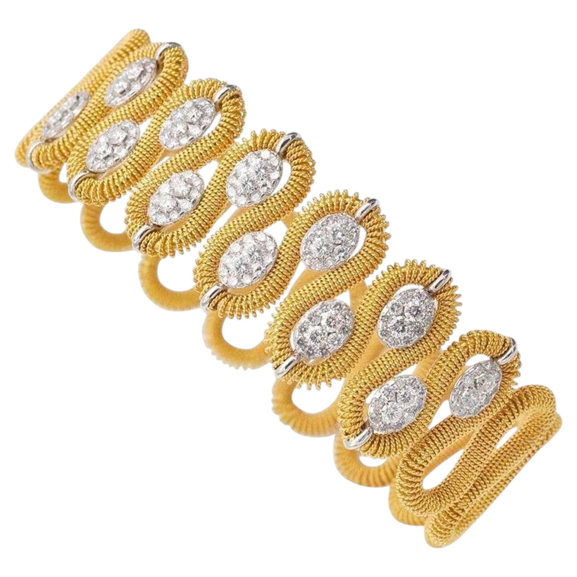 Italian Two-Tone 18K Gold Diamond Textured Cuff Bracelet by Marchisio For Sale