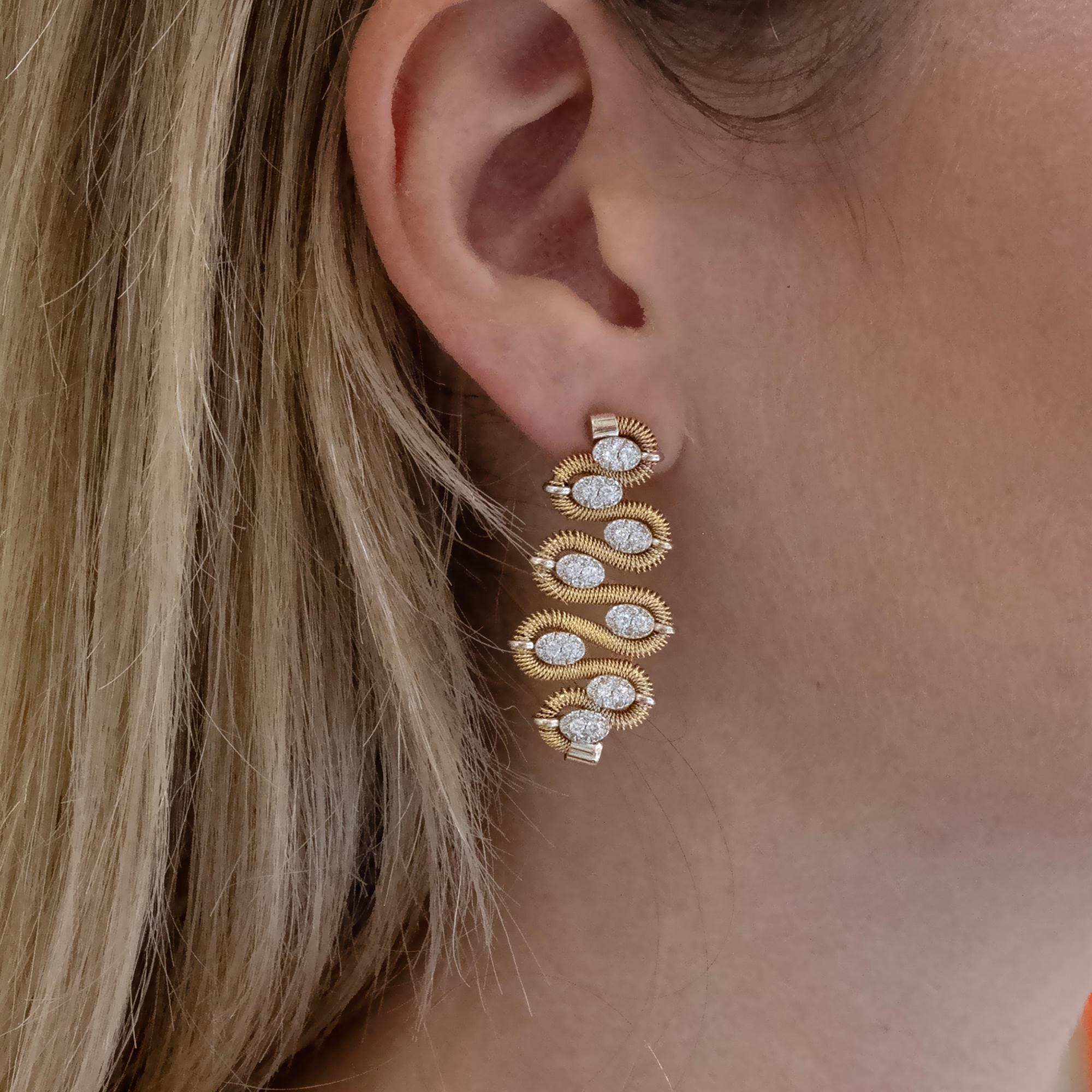 Brilliant Cut Marchisio 18K Italian Two-Tone Gold Diamond Drop Earrings For Sale