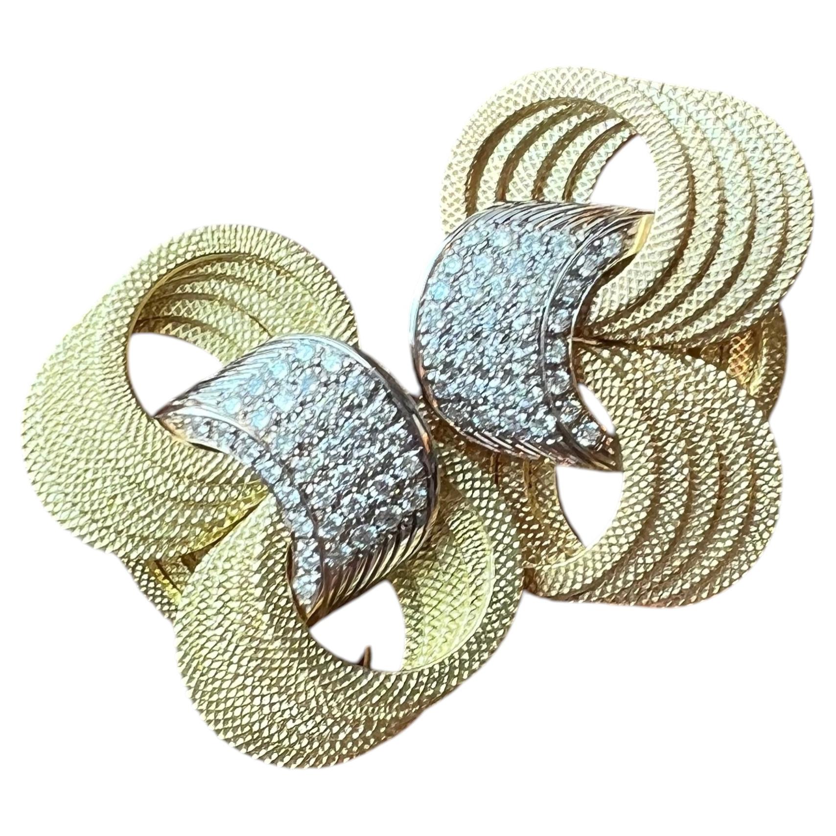 Pendientes de clip con textura de diamantes y oro de 18 quilates de Marchisio, finales de los 70 en venta