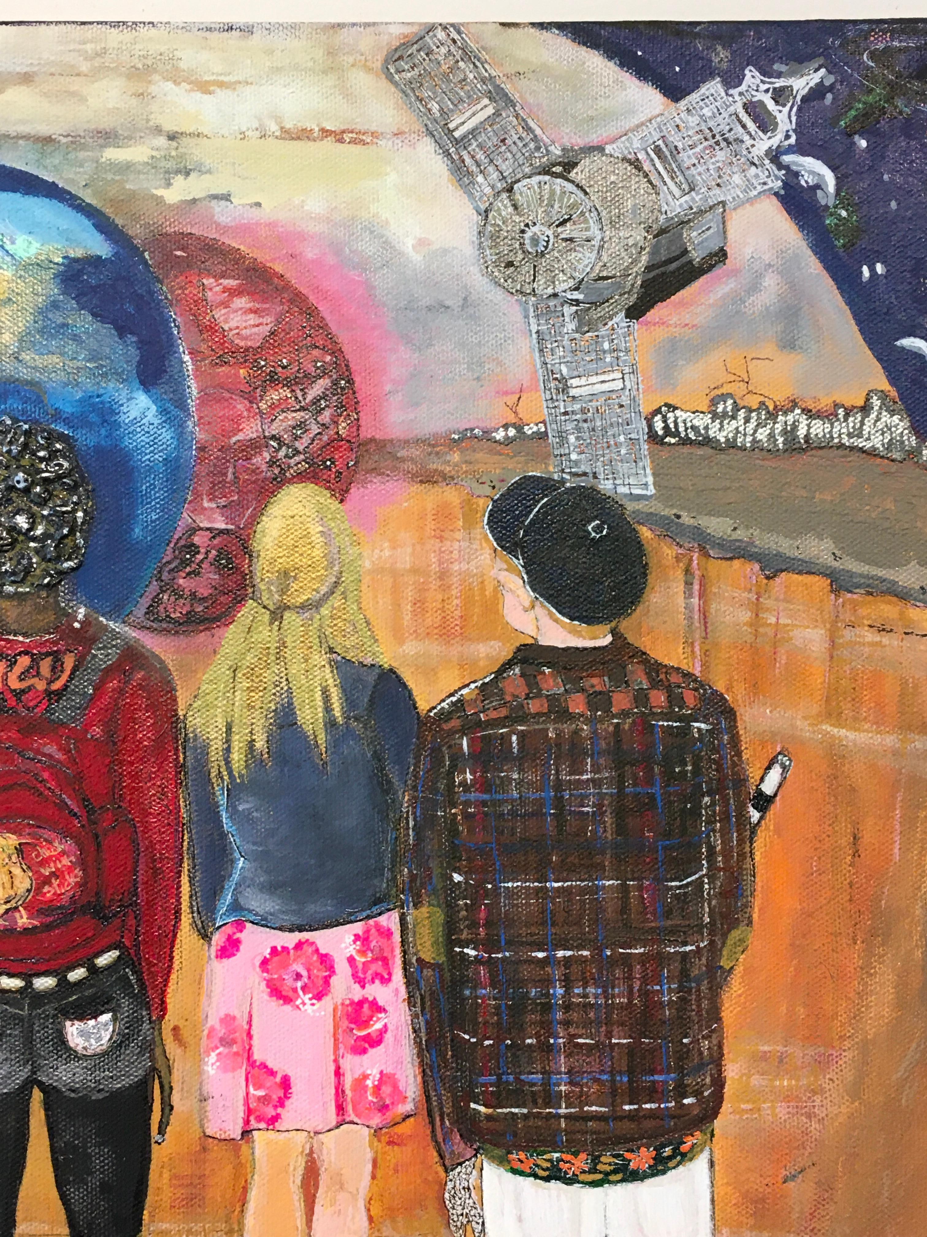 'The Welcoming Waiting on Earthlings Arrival' by Marcia Ermey, Acrylic on Canvas - Brown Figurative Painting by Marcia Ermey 