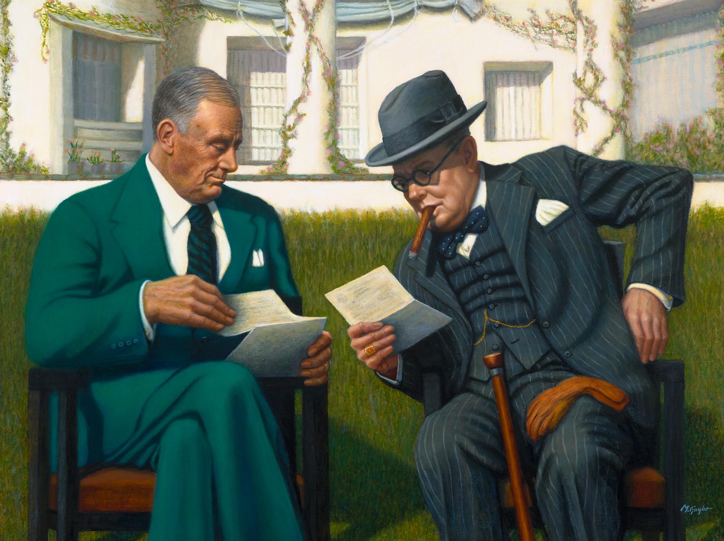 Marcia Gaylor
b.1947  Americano

Dichiarazione di Casablanca

Firmato "M. Gaylor" (in basso a sinistra)
Olio su tela

Nel suo originale olio su tela intitolato Casablanca Declaration, l'artista storica americana Marcia Gaylor cattura vividamente