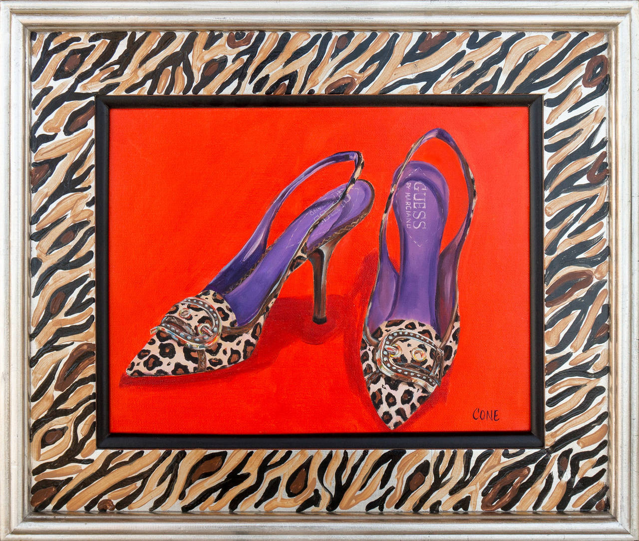Still-Life Painting de Marcia Park Cone - 'Hallo Kitty', Bombas Marciano de imitación de leopardo, Zapatos de moda italianos