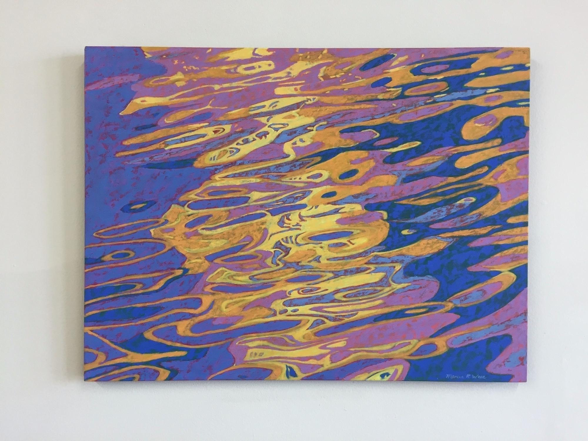 « Abstract Reflections », eau, bleu, jaune, orange, rose, peinture à l'huile - Contemporain Painting par Marcia Wise