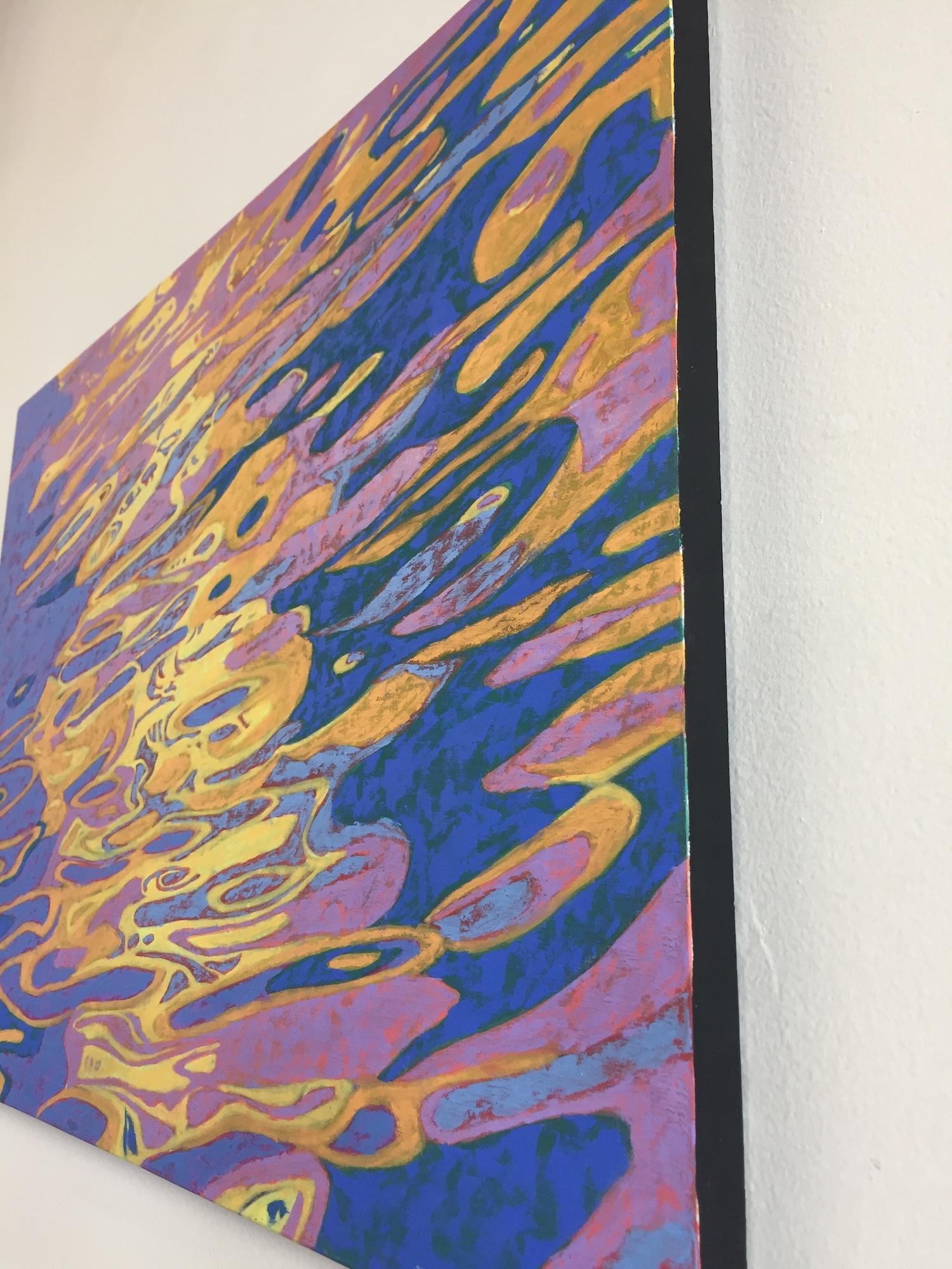 « Abstract Reflections », eau, bleu, jaune, orange, rose, peinture à l'huile - Marron Abstract Painting par Marcia Wise