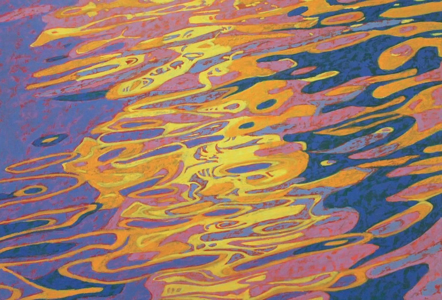 Abstract Painting Marcia Wise - « Abstract Reflections », eau, bleu, jaune, orange, rose, peinture à l'huile