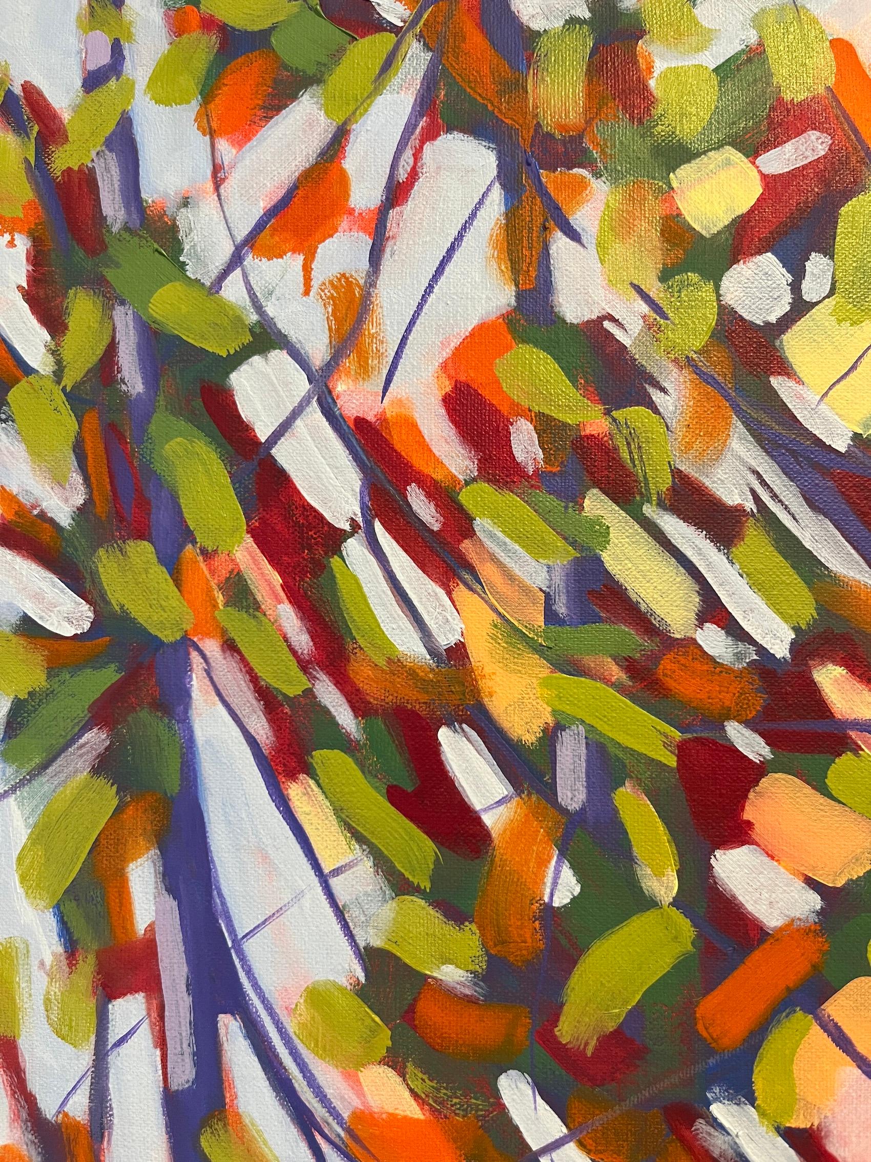 Marcia Wise’s oil painting “Accento” presents a close up view of the progression of Autumnal reds, yellows, oranges, greens and blues as she continues exploration of her tree, forest, and landscape series. This 24 x 36 oil painting lifts the spirit