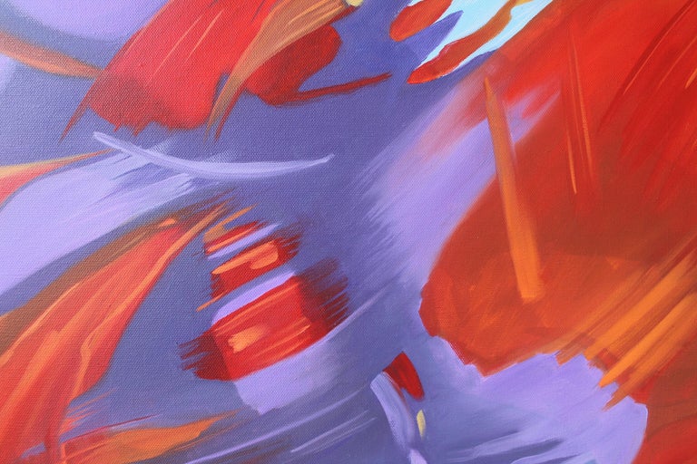 Marcia Wise’s oil painting “Acceso” is a part of her newer abstract series of work. Vibrant reds, oranges, yellows with cooler blues and purples expresses the emotional energy felt by the artist and gives viewers a peek of the inner relationship she