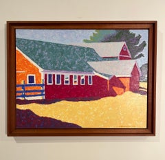 "Barn On River Rd Deerfield", Zeitgenössische Landschaft, Rot, Gelb, Ölgemälde