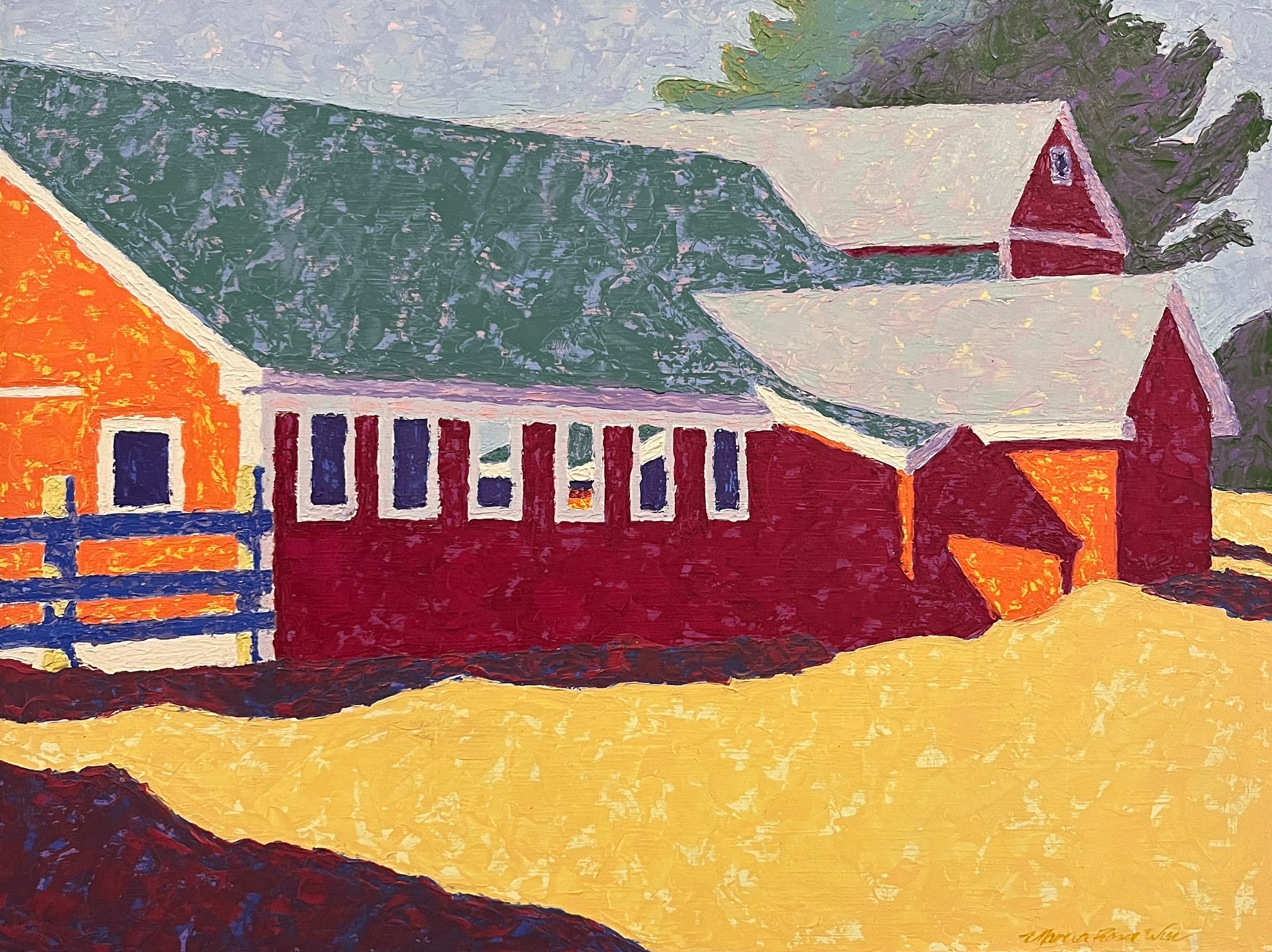 "Barn On River Rd Deerfield", Zeitgenössische Landschaft, Rot, Gelb, Ölgemälde