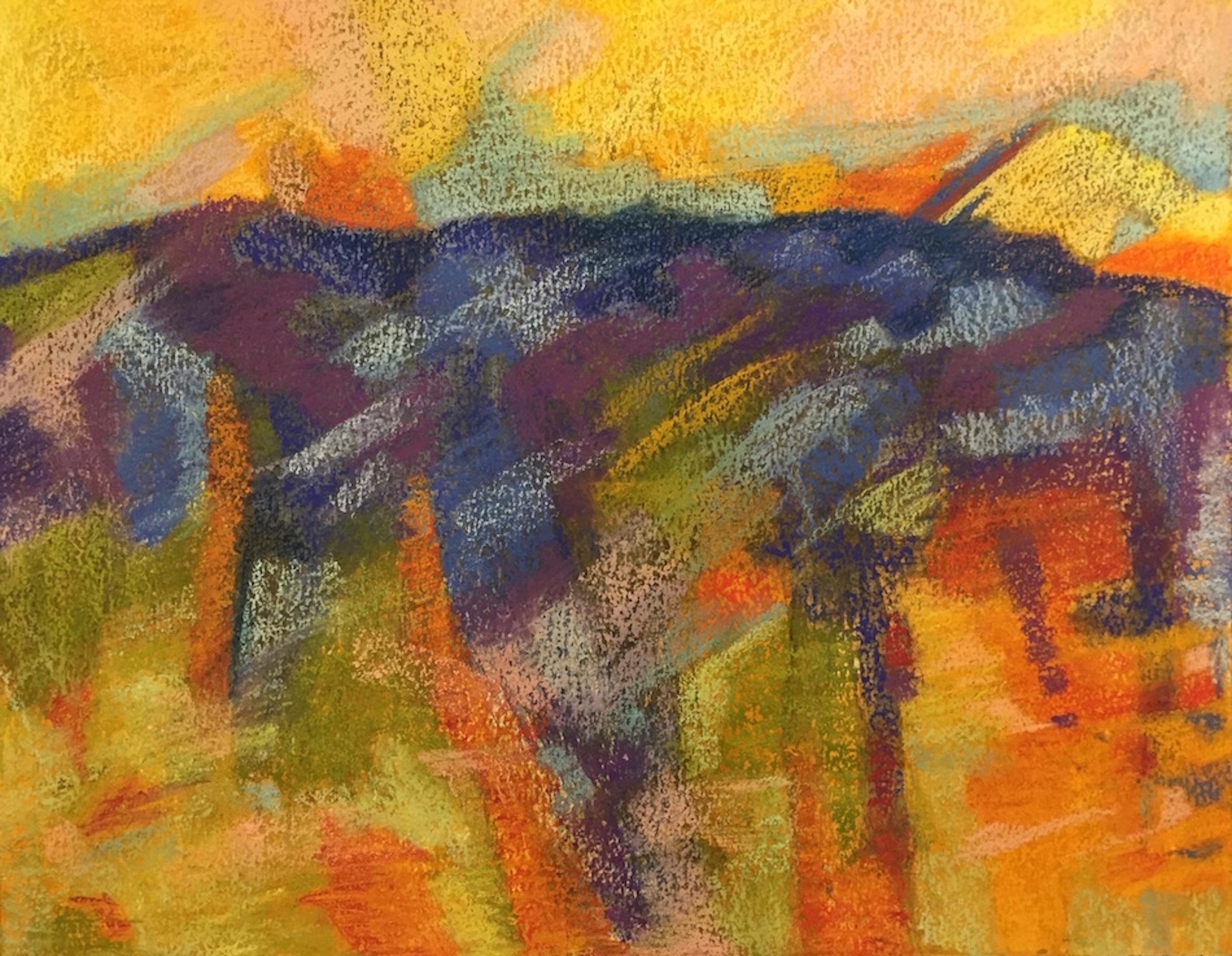 This mixed media abstracted landscape is full of bright yellows, oranges and the compliments of blues. It represents a magical landscape of a mountainous area that is somewhat abstracted and brought to life by the use of vivid complimentary