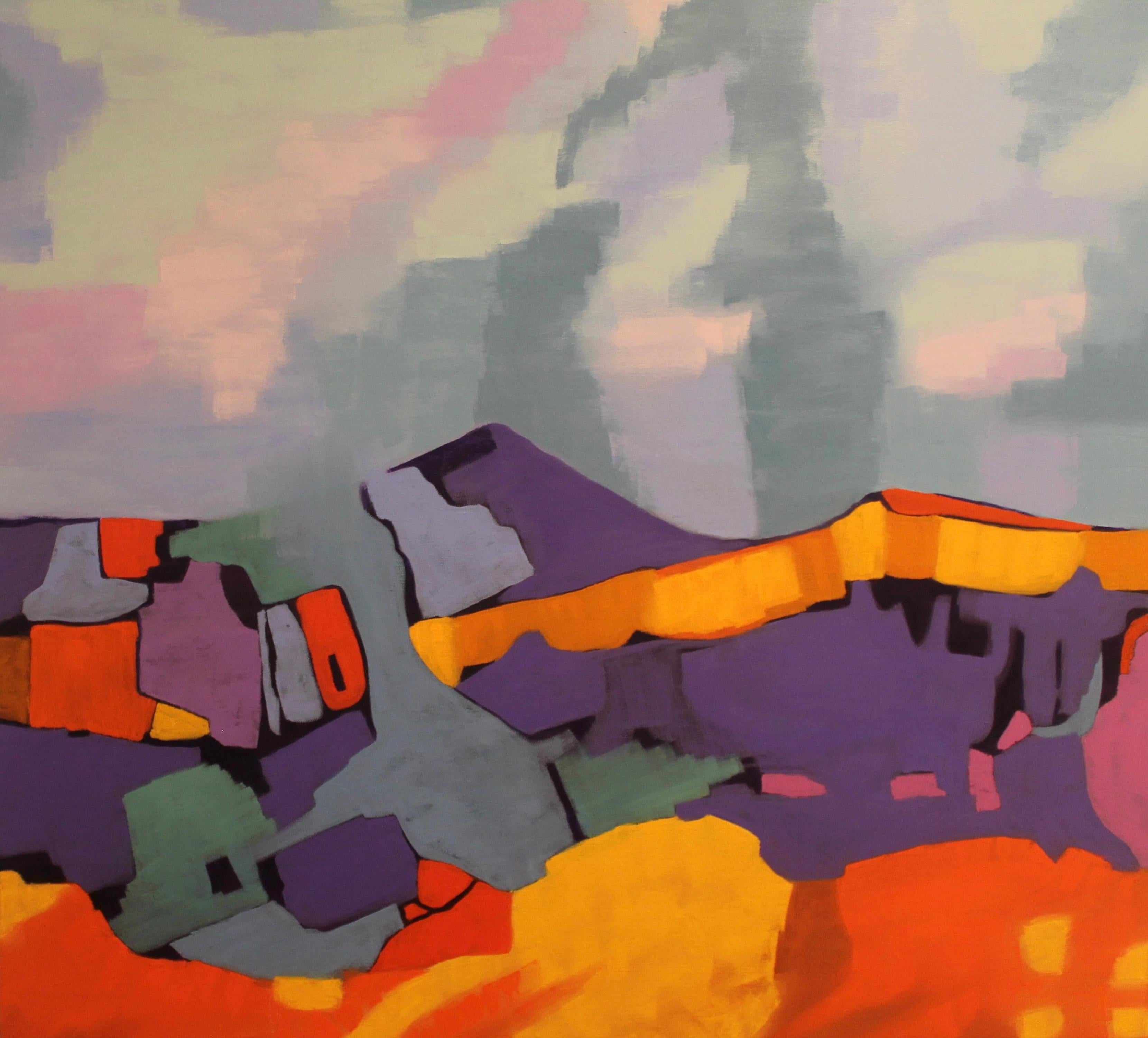 Abstract Painting Marcia Wise - "Crescente", contemporain, abstrait, orange, rouge, violet, vert, peinture à l'huile