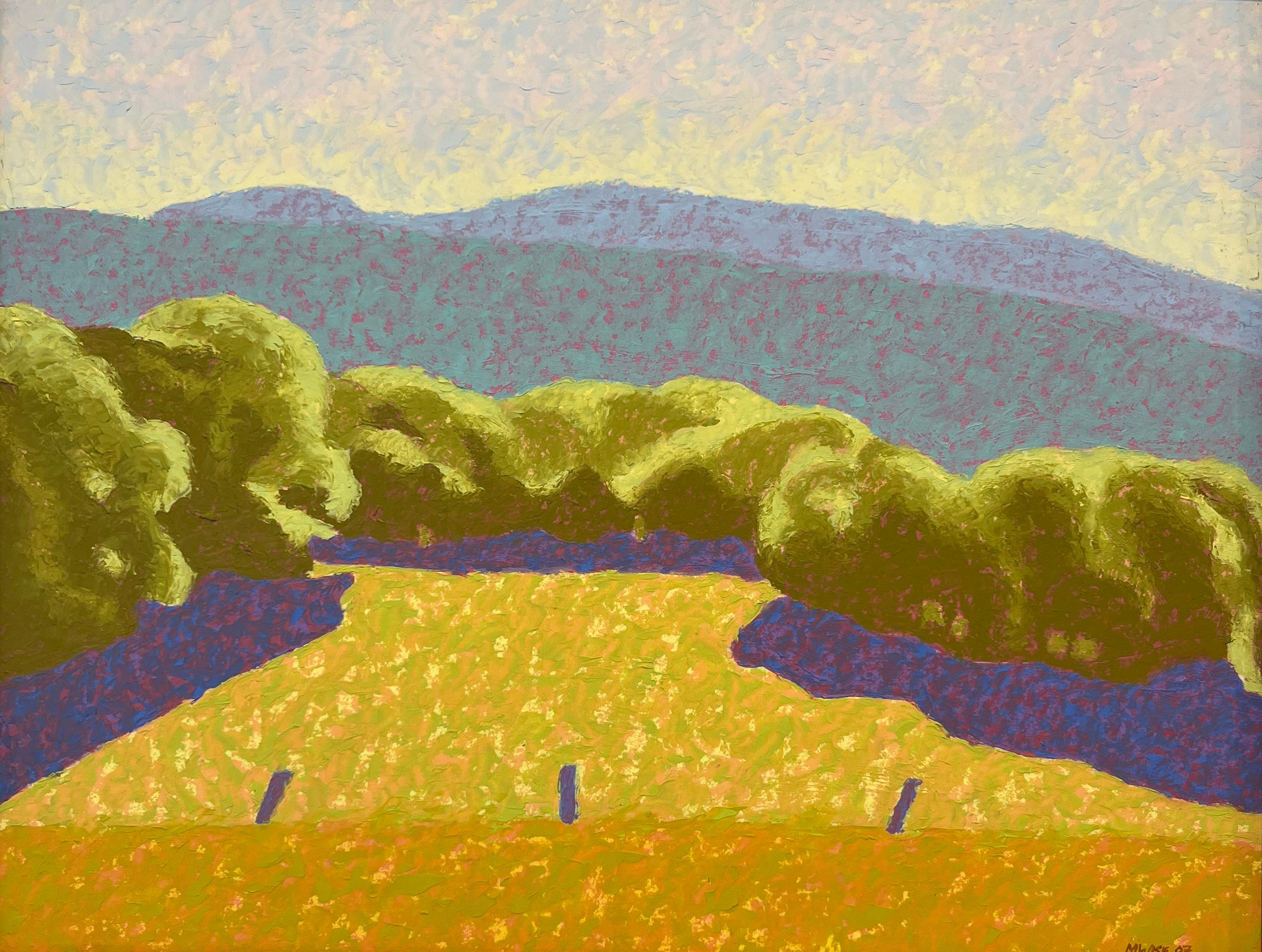 Landscape Painting Marcia Wise - "Field of Dreams", paysage contemporain, bleu, vert, jaune, peinture à l'huile